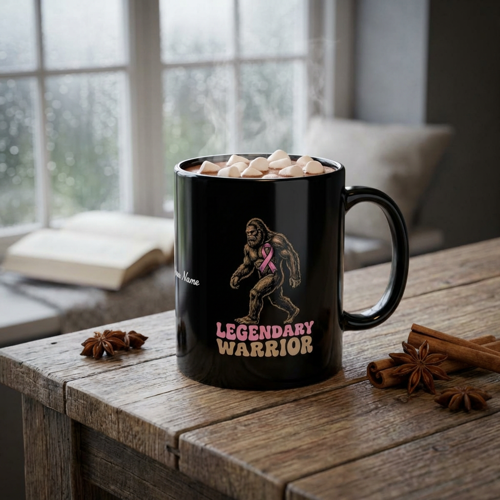 Legendary Warrior Bigfoot Pink Ribbon Awareness Vintage Art, Black Mug (11oz) product thumbnail image