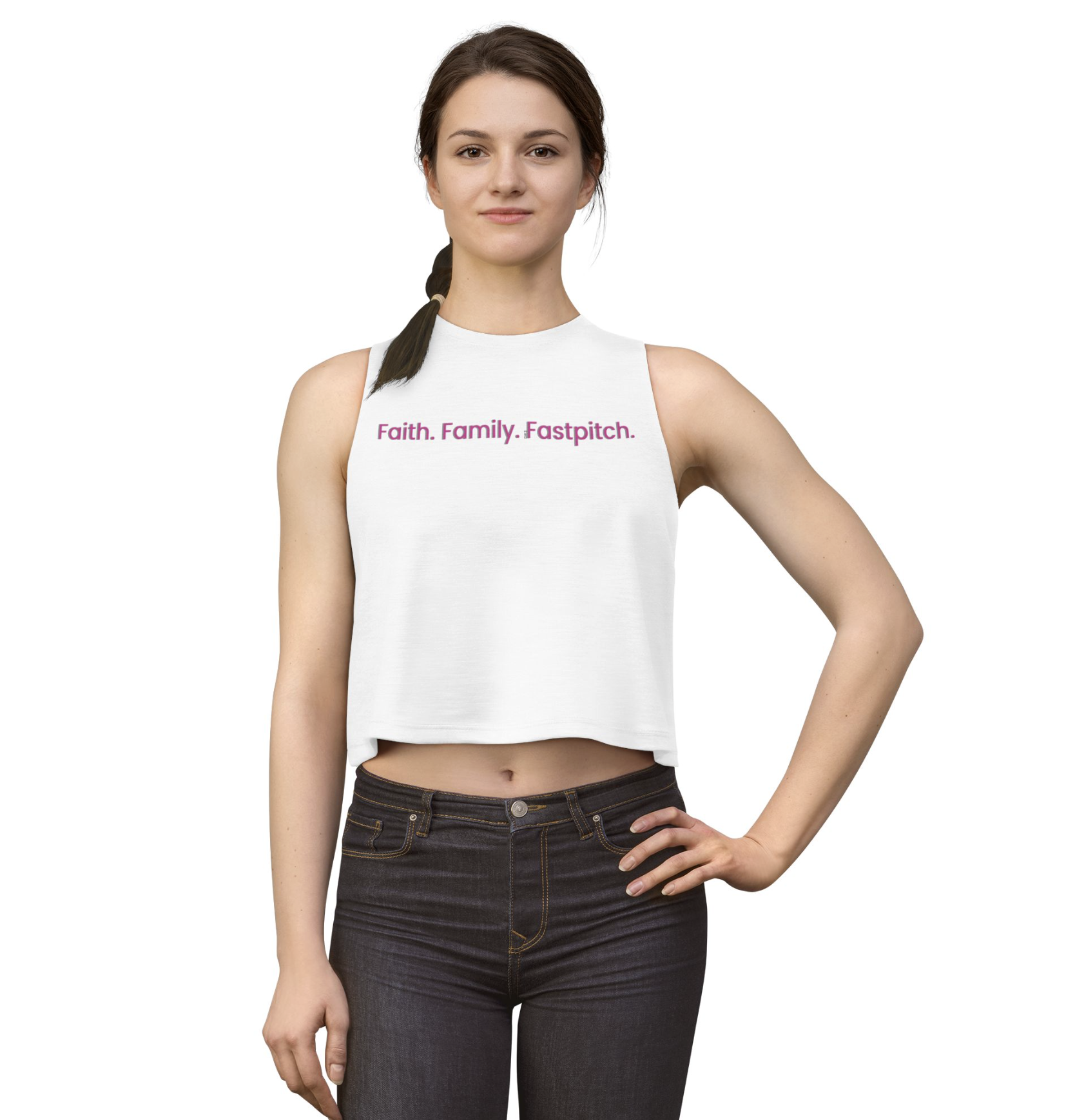 Crop Top - Faith. Family. Fastpitch. Softball DR3 Racerback Crop Top