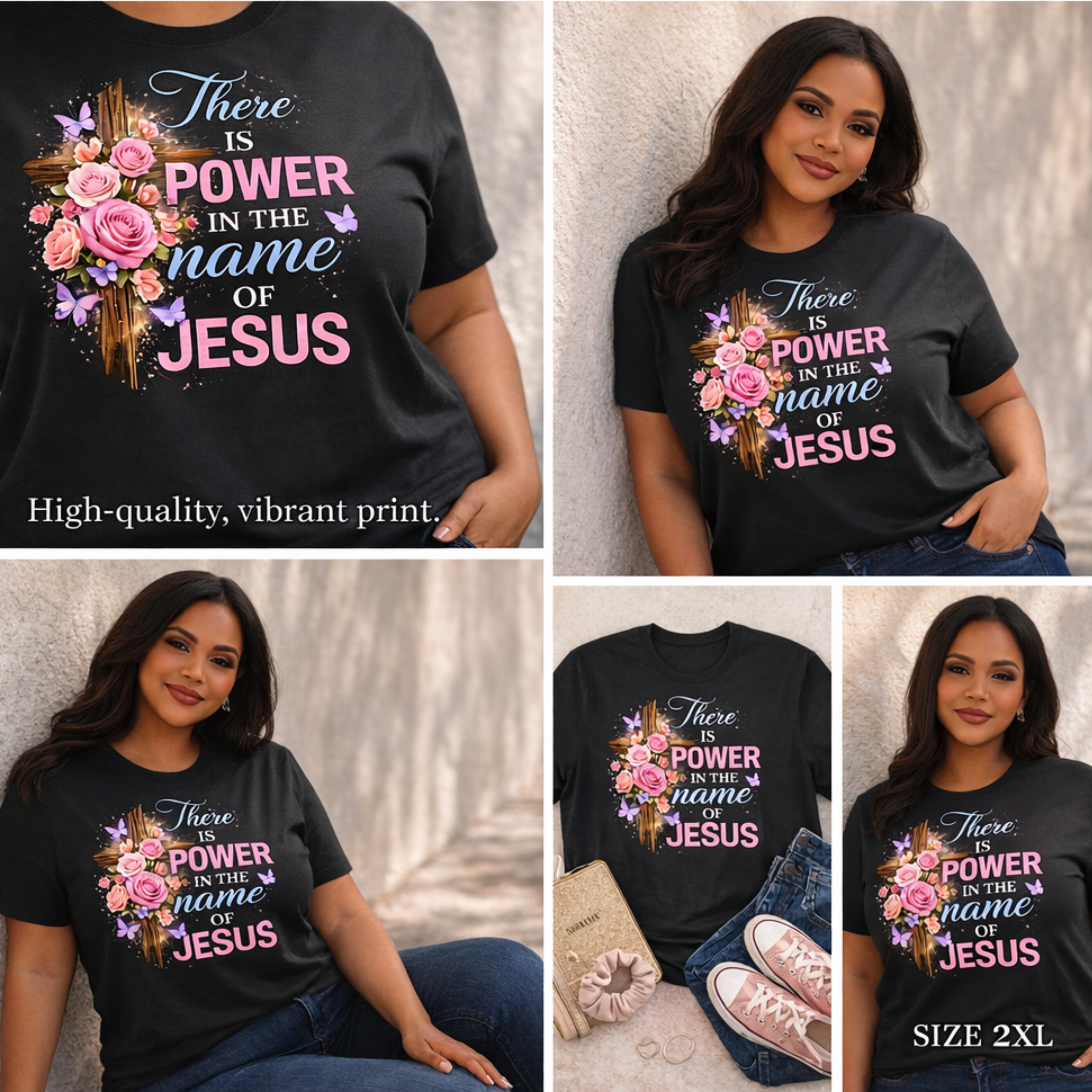 "There Is Power In The Name Of Jesus" Floral Women's Christian Faith T-Shirt product thumbnail image