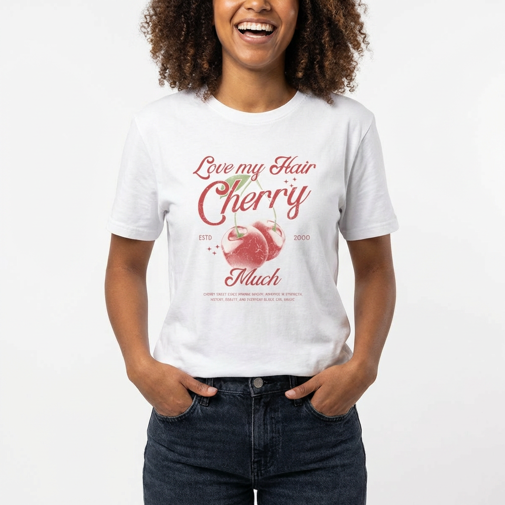 All Hair Types Summer Cherry Fruit "Love my Hair Cherry Much" Black Girl Mood Hair Pride Graphic T-shirt product thumbnail image