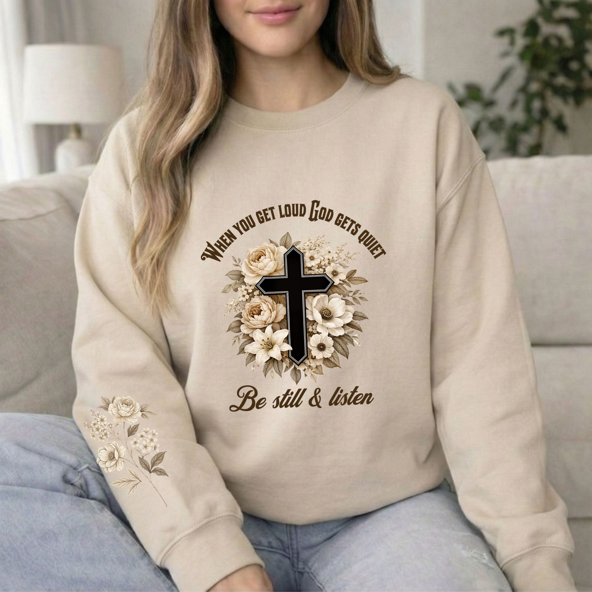 God Gets Quiet Floral Cross Sweatshirt | Faith Graphic Crewneck product thumbnail image