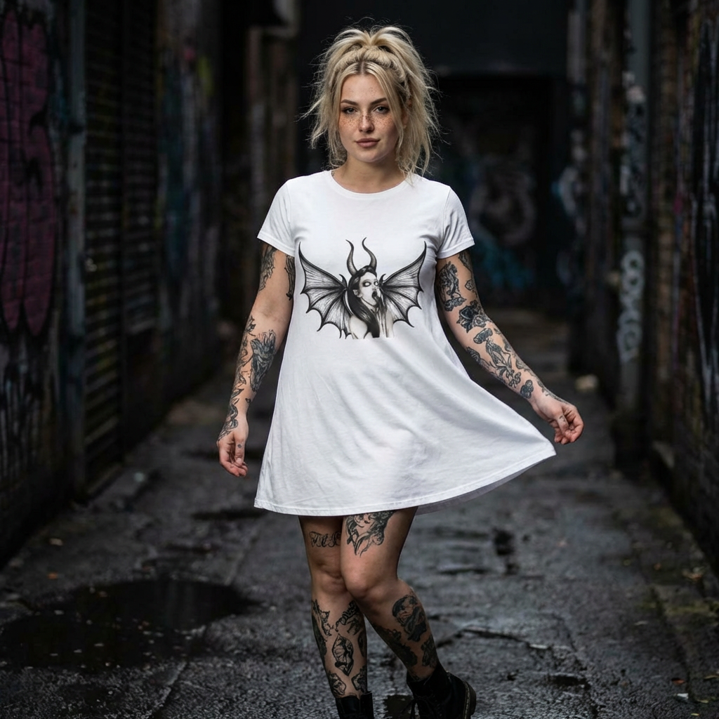 Rebellious Femininity Demonic Horned Woman Illustration T-Shirt Dress | Gothic Bat Wings product thumbnail image Rebellious Femininity Demonic Horned Woman Illustration T-Shirt Dress | Gothic Bat Wings product thumbnail image