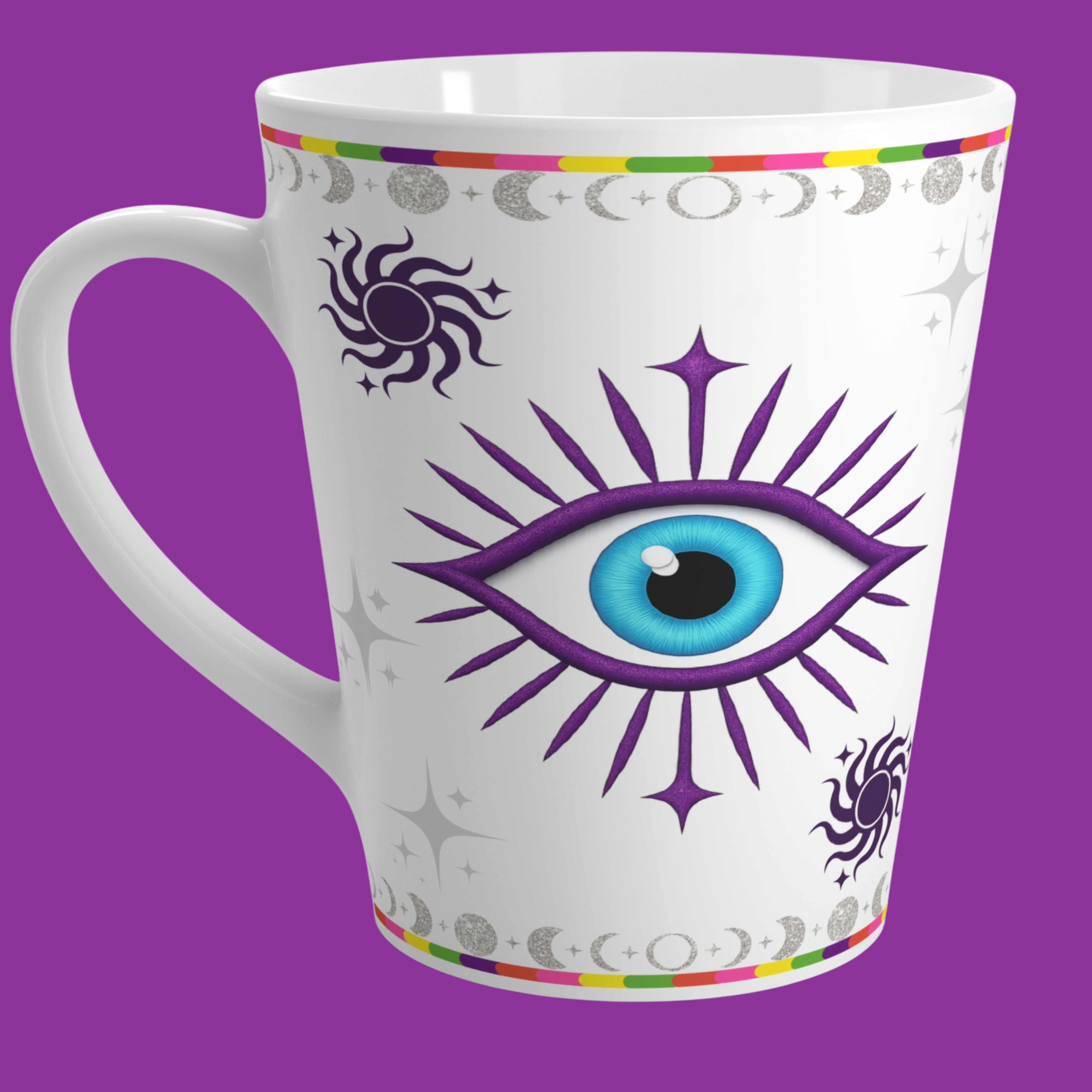 Mystic All‑Seeing Eye Latte Mug – Teal &amp; Violet Third Eye Ceramic Cup with Moon Phases, Stars &amp; Spiritual Symbolism for Mindfulness, Intention Setting &amp; Morning Rituals (12oz) product thumbnail image