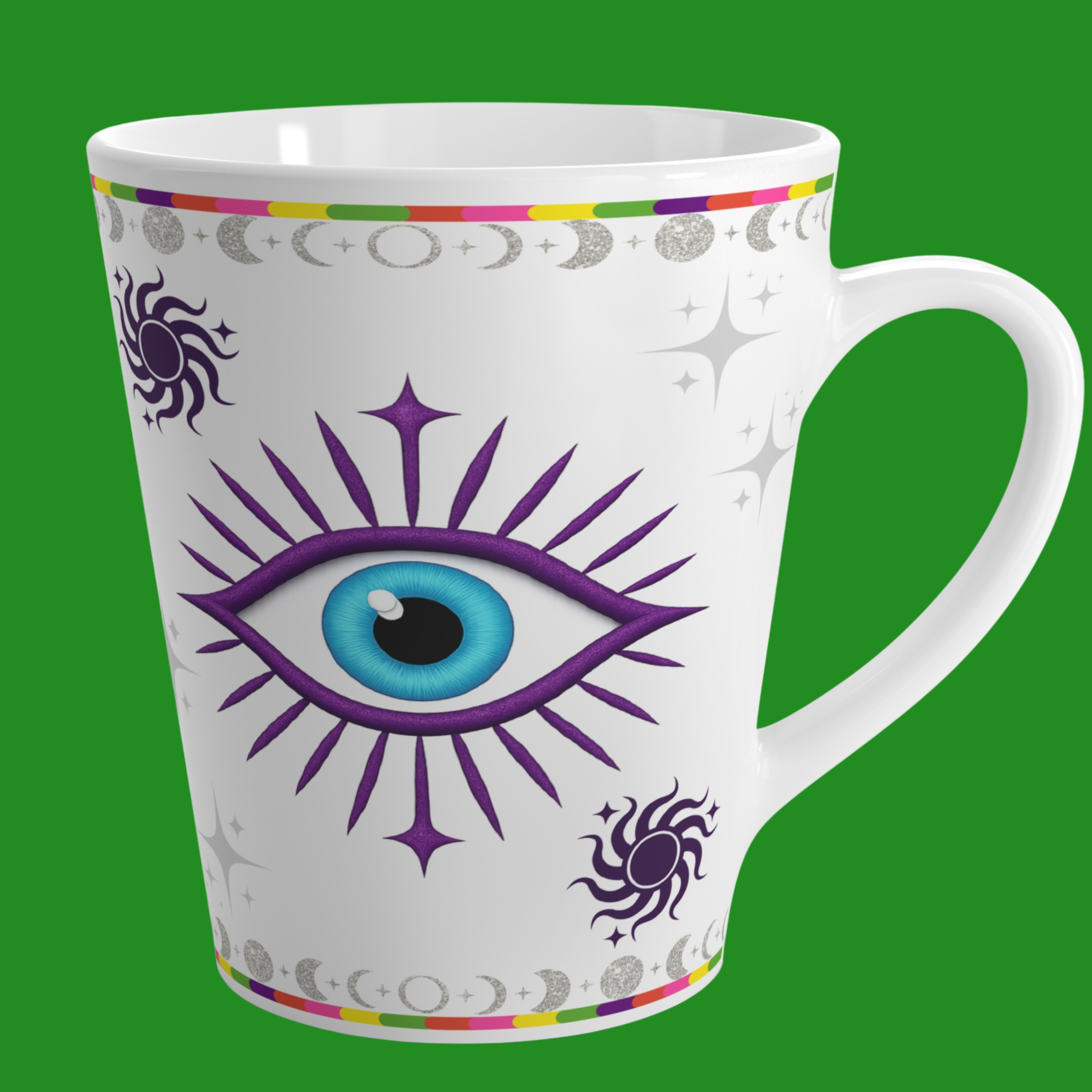 Mystic All‑Seeing Eye Latte Mug – Teal &amp; Violet Third Eye Ceramic Cup with Moon Phases, Stars &amp; Spiritual Symbolism for Mindfulness, Intention Setting &amp; Morning Rituals (12oz)