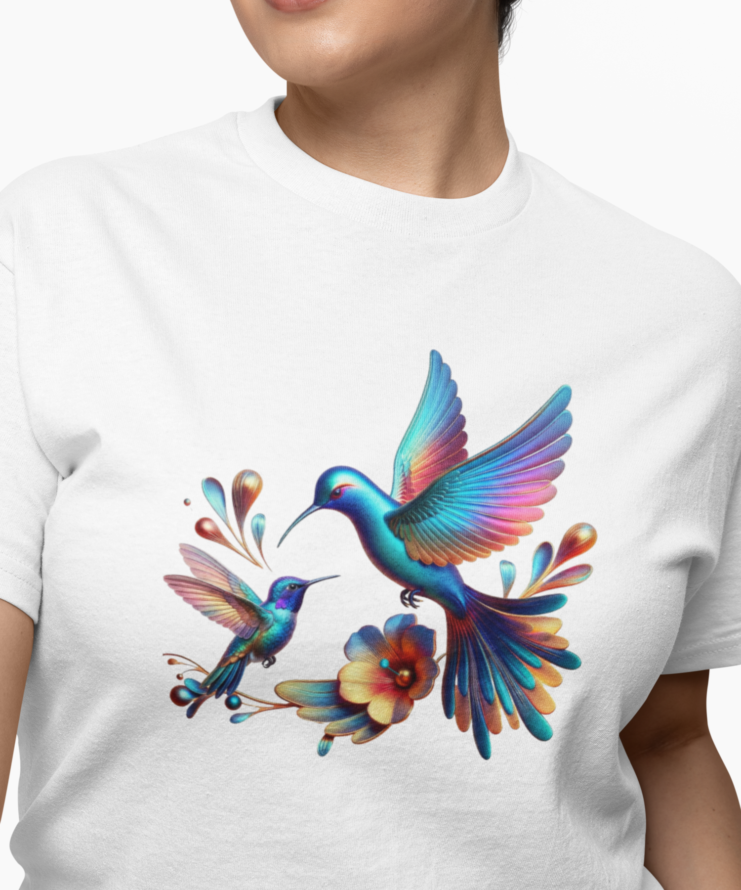 Vibrant Iridescent Hummingbirds Floral Gildan Softstyle Unisex T-Shirt | Colorful Bird Tee product thumbnail image