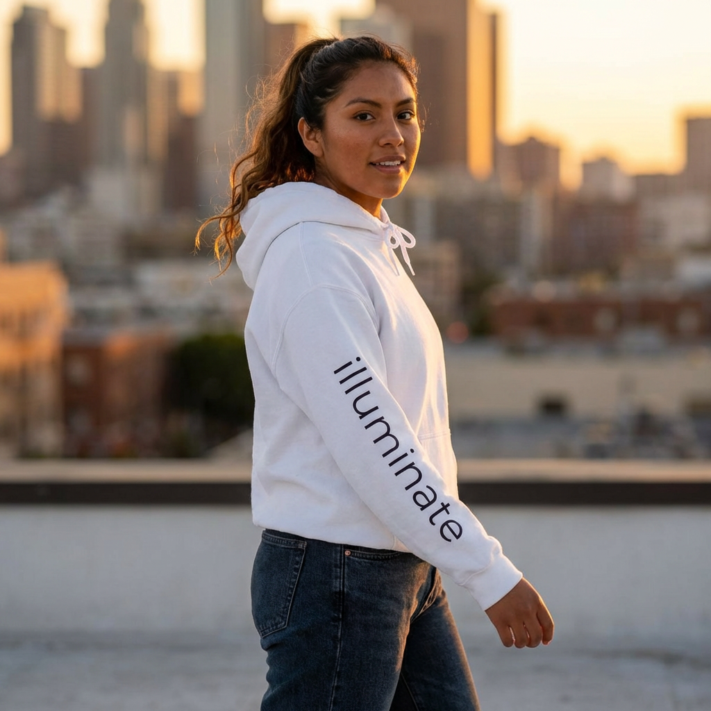 Illuminate Sleeve Hoodie — Minimal White Pullover with ‘illuminate’ Text product thumbnail image Illuminate Sleeve Hoodie — Minimal White Pullover with ‘illuminate’ Text product thumbnail image