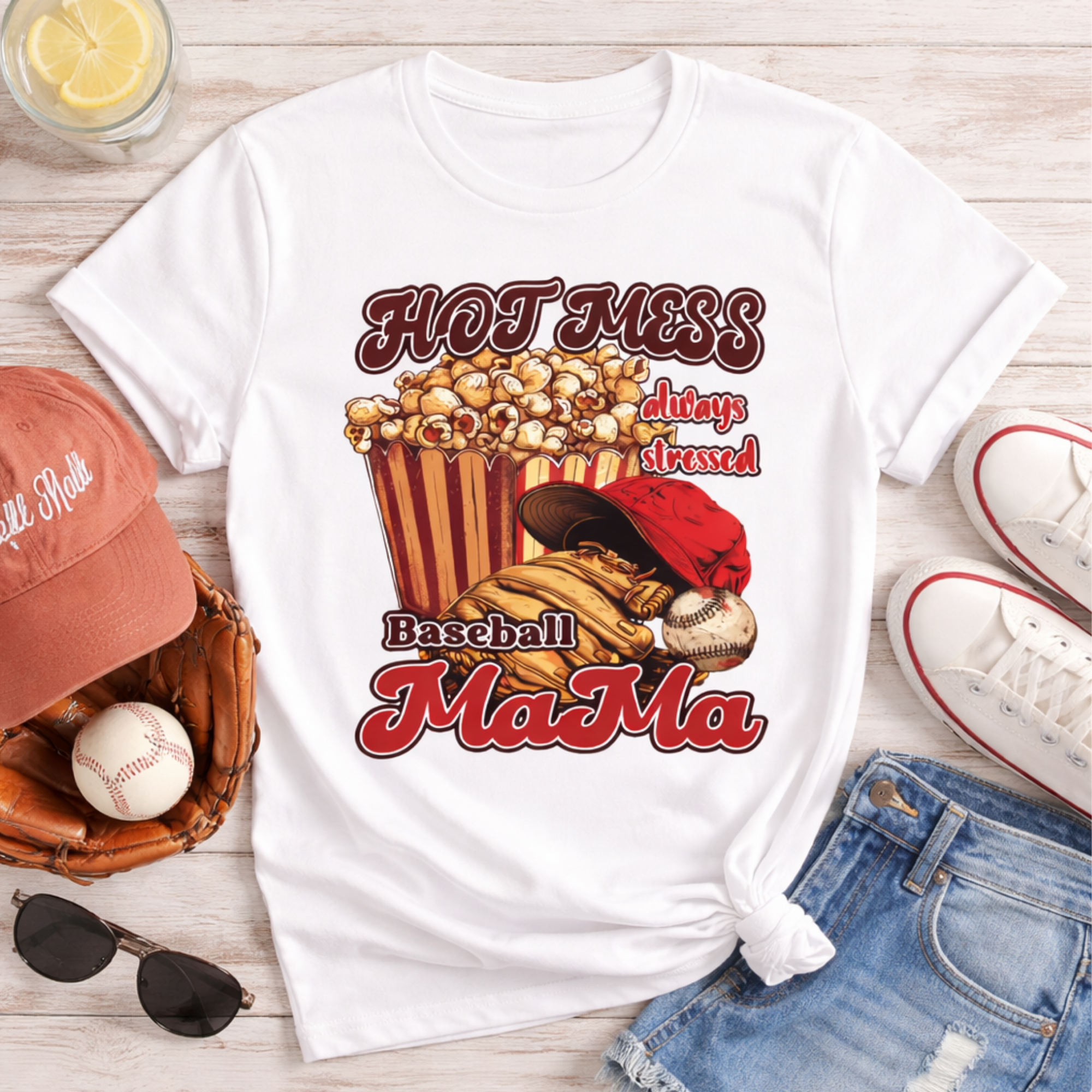 Baseball Mama T‑Shirt — "Hot Mess Always Blessed" Vintage Popcorn &amp; Glove Tee product thumbnail image