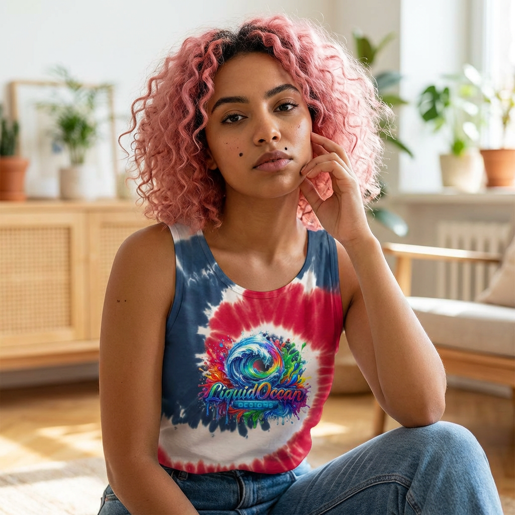 Tie-Dye Tank Top — Liquid Ocean Spiral Graphic, Bright Summer Beach Vibe