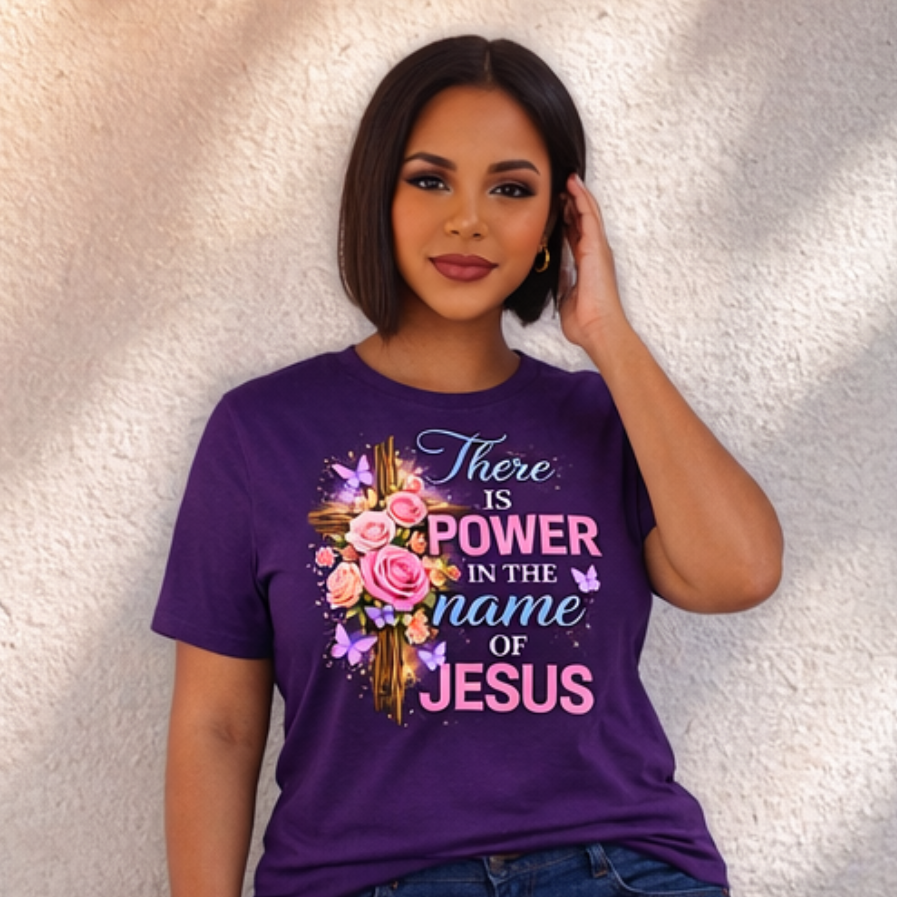 "There Is Power In The Name Of Jesus" Floral Women's Christian Faith T-Shirt product thumbnail image