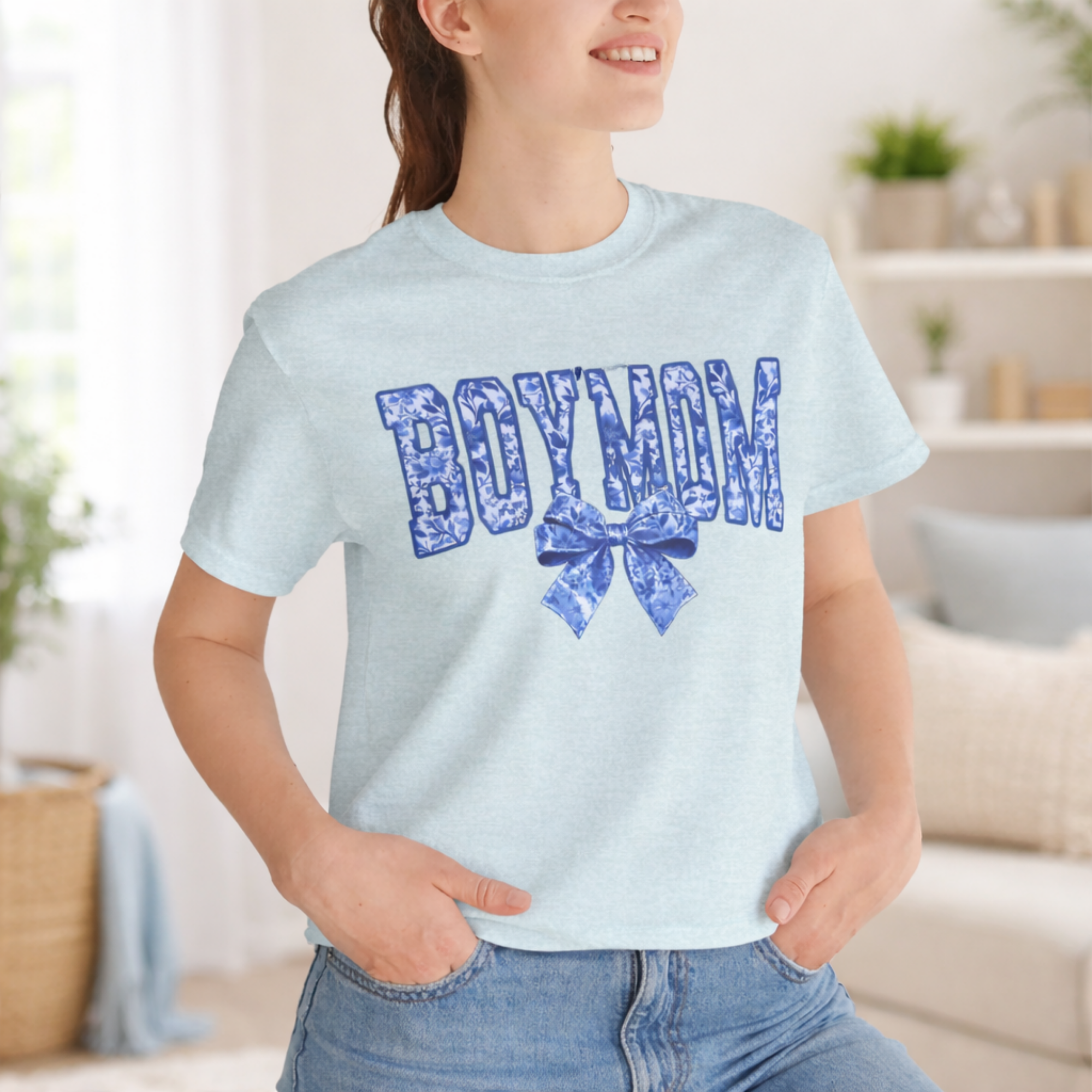 Boy Mom tee | Floral Blue Script with Bow, T-Shirt product thumbnail image