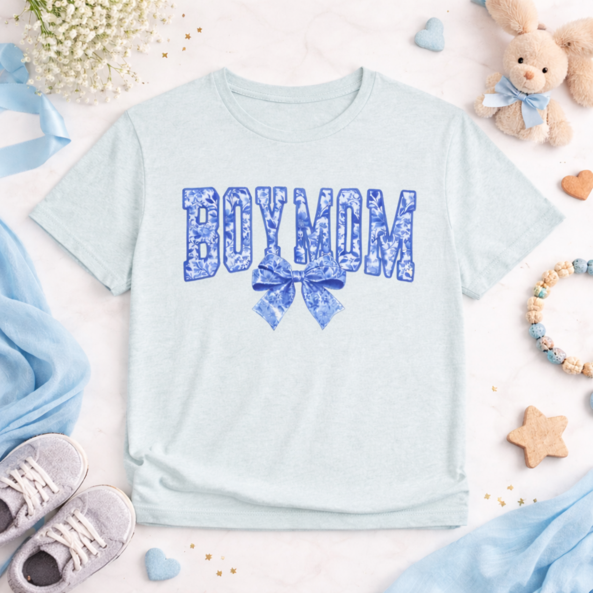 Boy Mom tee | Floral Blue Script with Bow, T-Shirt product thumbnail image Boy Mom tee | Floral Blue Script with Bow, T-Shirt product thumbnail image