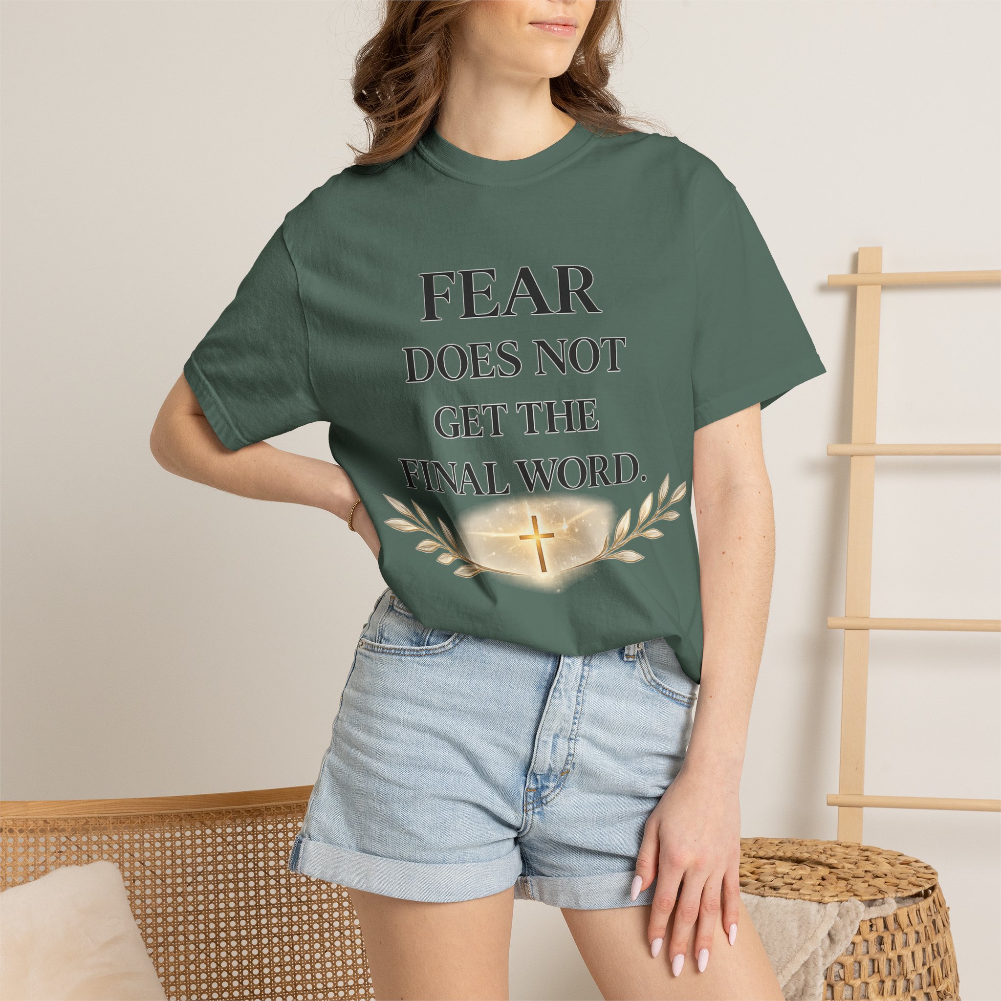 Faith-Inspired T-Shirt — "Fear Does Not Get the Final Word" Christian Tee with Gold Cross