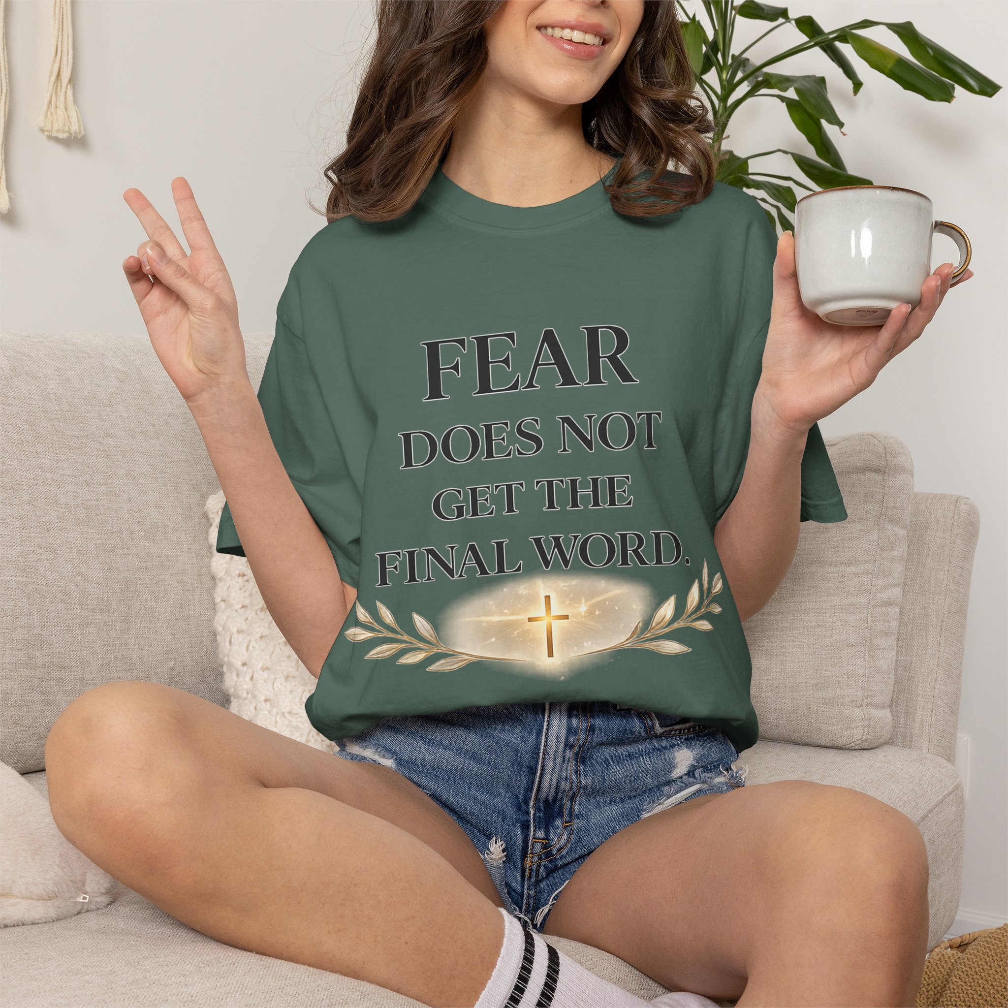 Faith-Inspired T-Shirt — "Fear Does Not Get the Final Word" Christian Tee with Gold Cross product thumbnail image