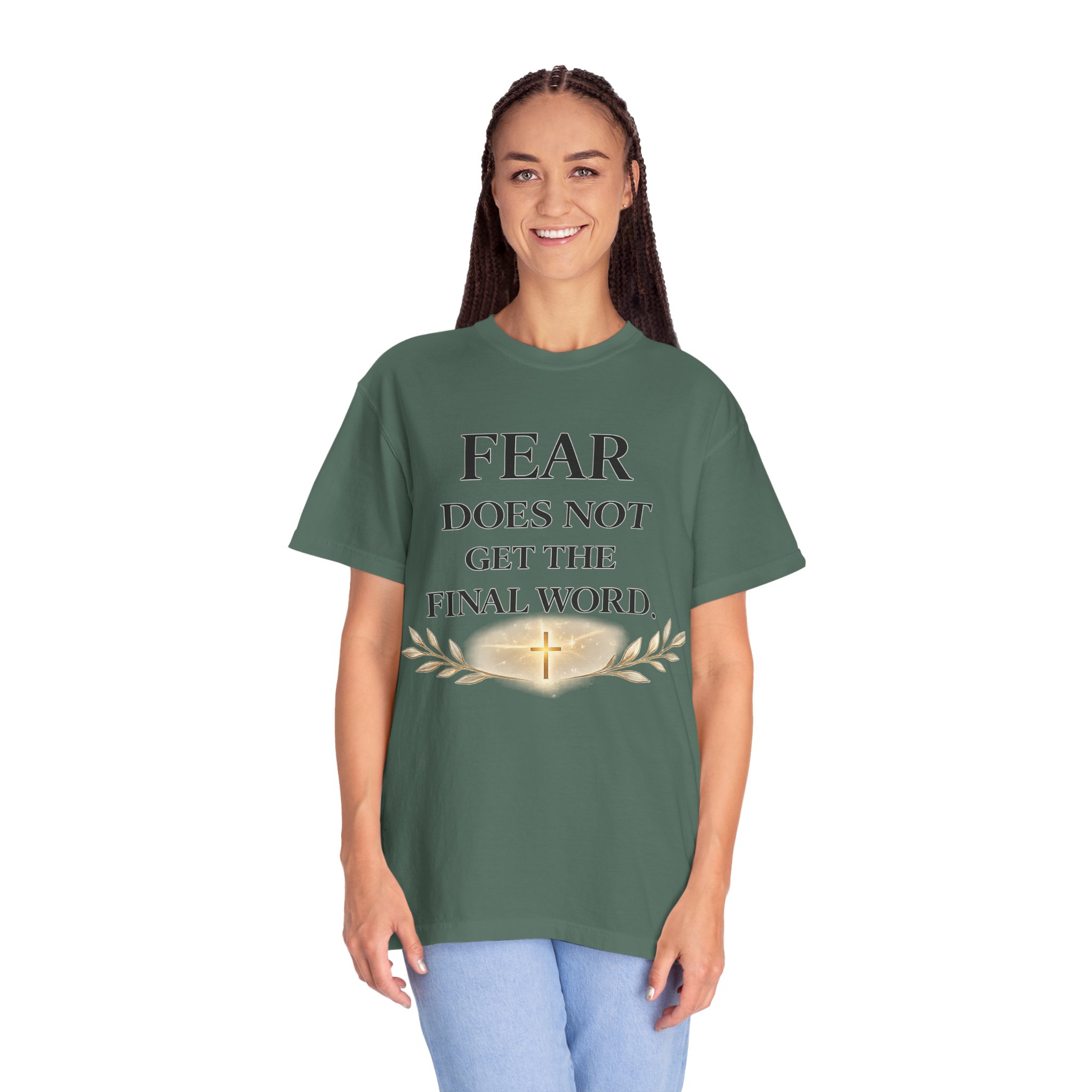 Faith-Inspired T-Shirt — "Fear Does Not Get the Final Word" Christian Tee with Gold Cross product thumbnail image Faith-Inspired T-Shirt — "Fear Does Not Get the Final Word" Christian Tee with Gold Cross product thumbnail image