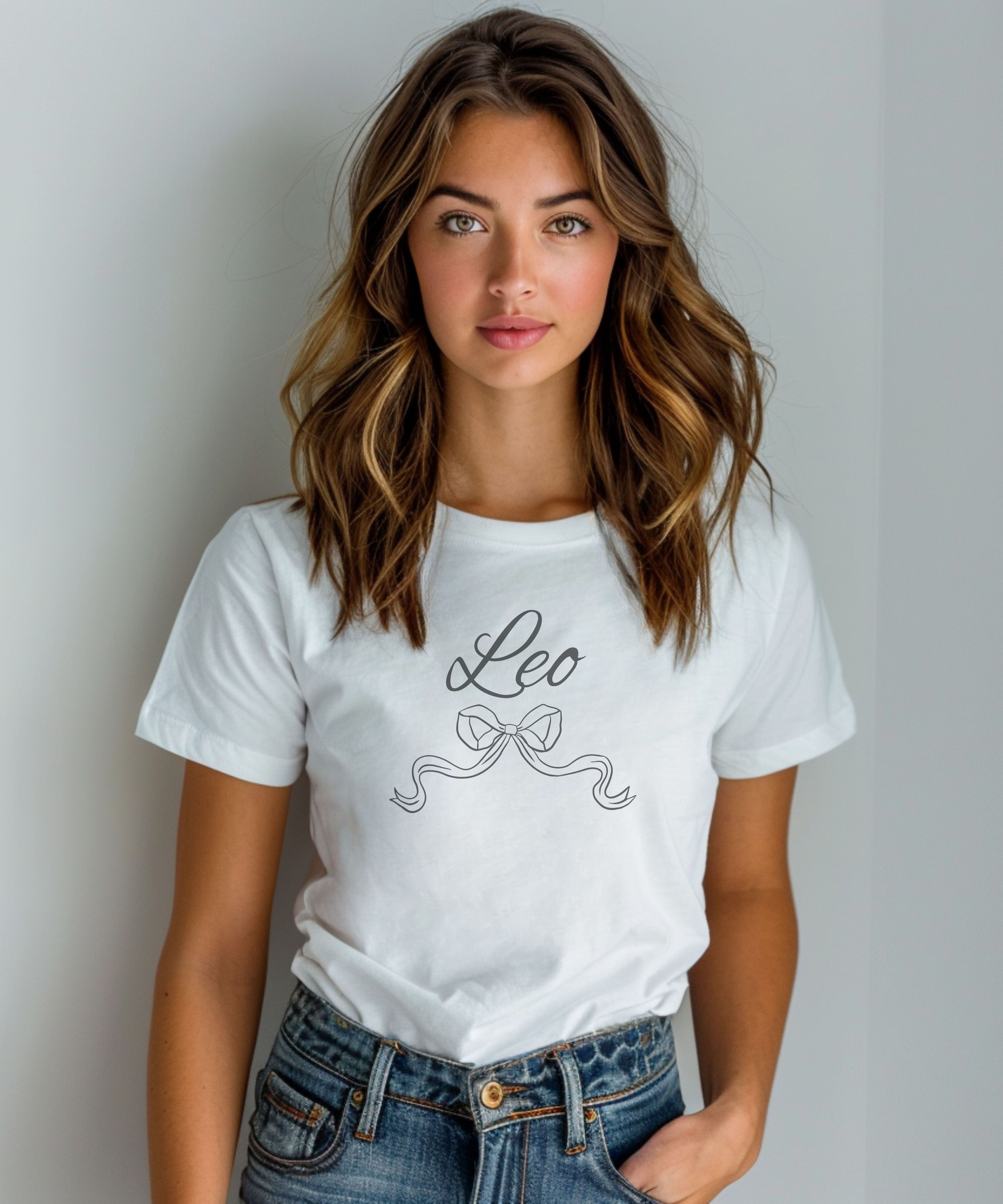 Leo Bow T-Shirt Elegant Script Zodiac Tee for Leo Birthdays & Gifts product thumbnail image Leo Bow T-Shirt Elegant Script Zodiac Tee for Leo Birthdays & Gifts product thumbnail image