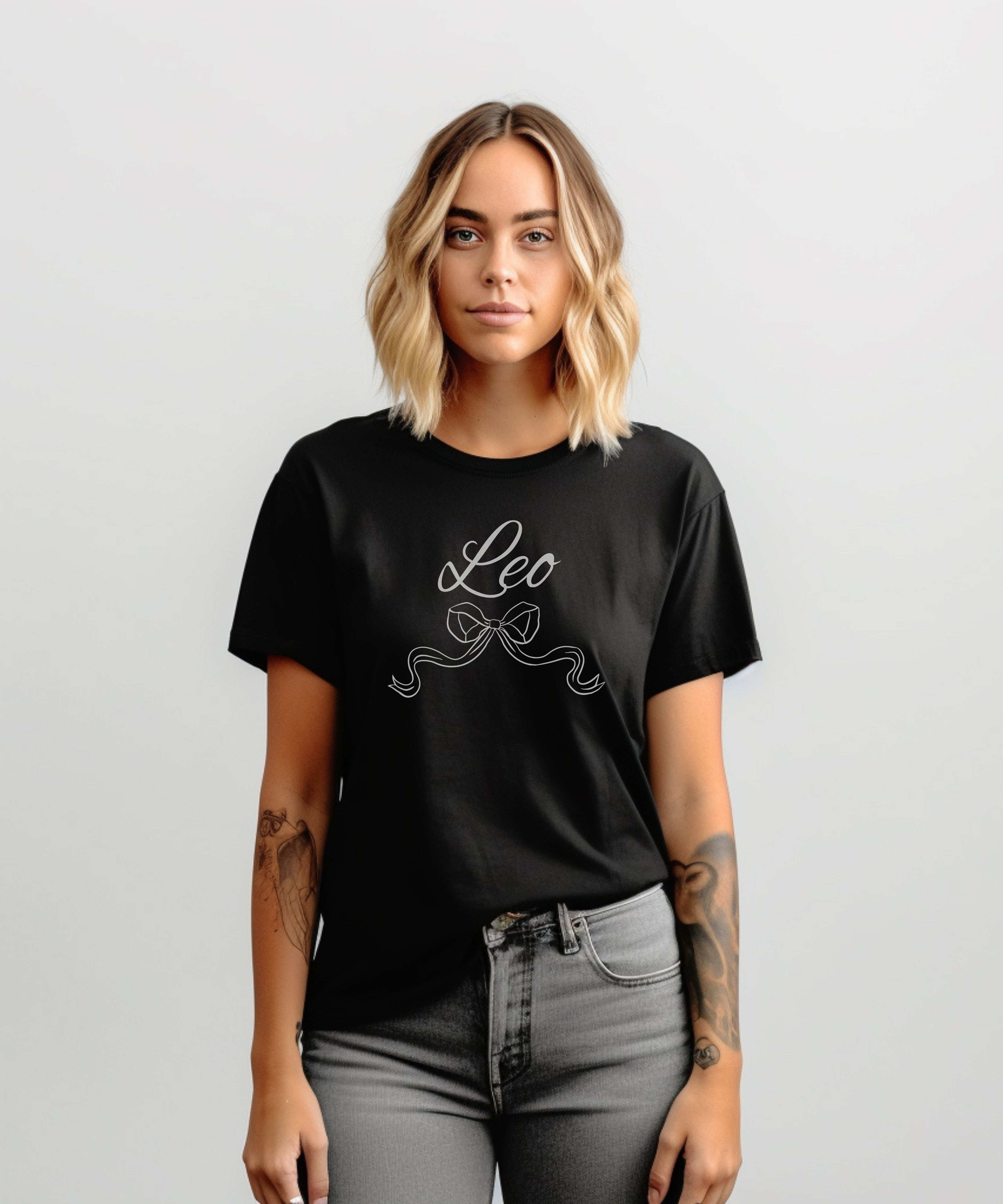 Leo Zodiac T-Shirt Elegant Script with Ribbon Graphic product thumbnail image Leo Zodiac T-Shirt Elegant Script with Ribbon Graphic product thumbnail image