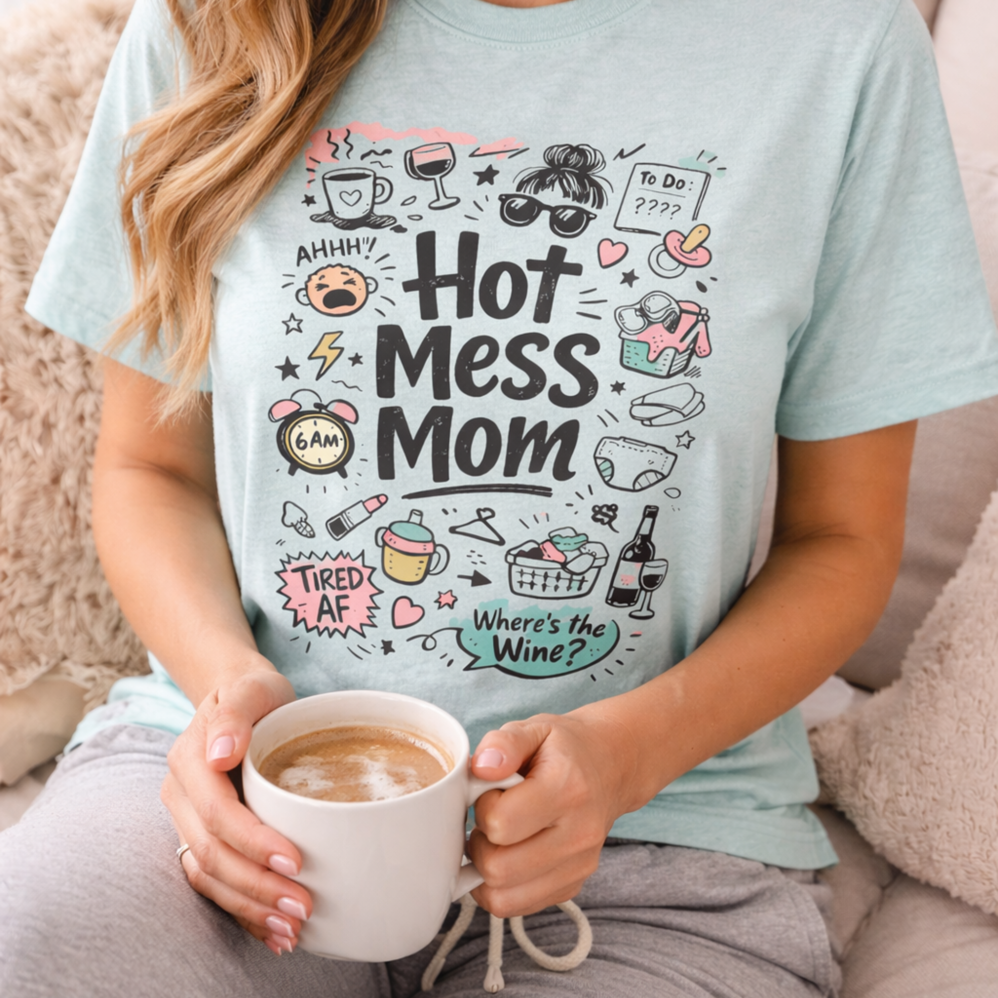 Hot Mess Mom T-Shirt | Mom Life Doodles, Coffee, Wine, Cute Sketches product thumbnail image