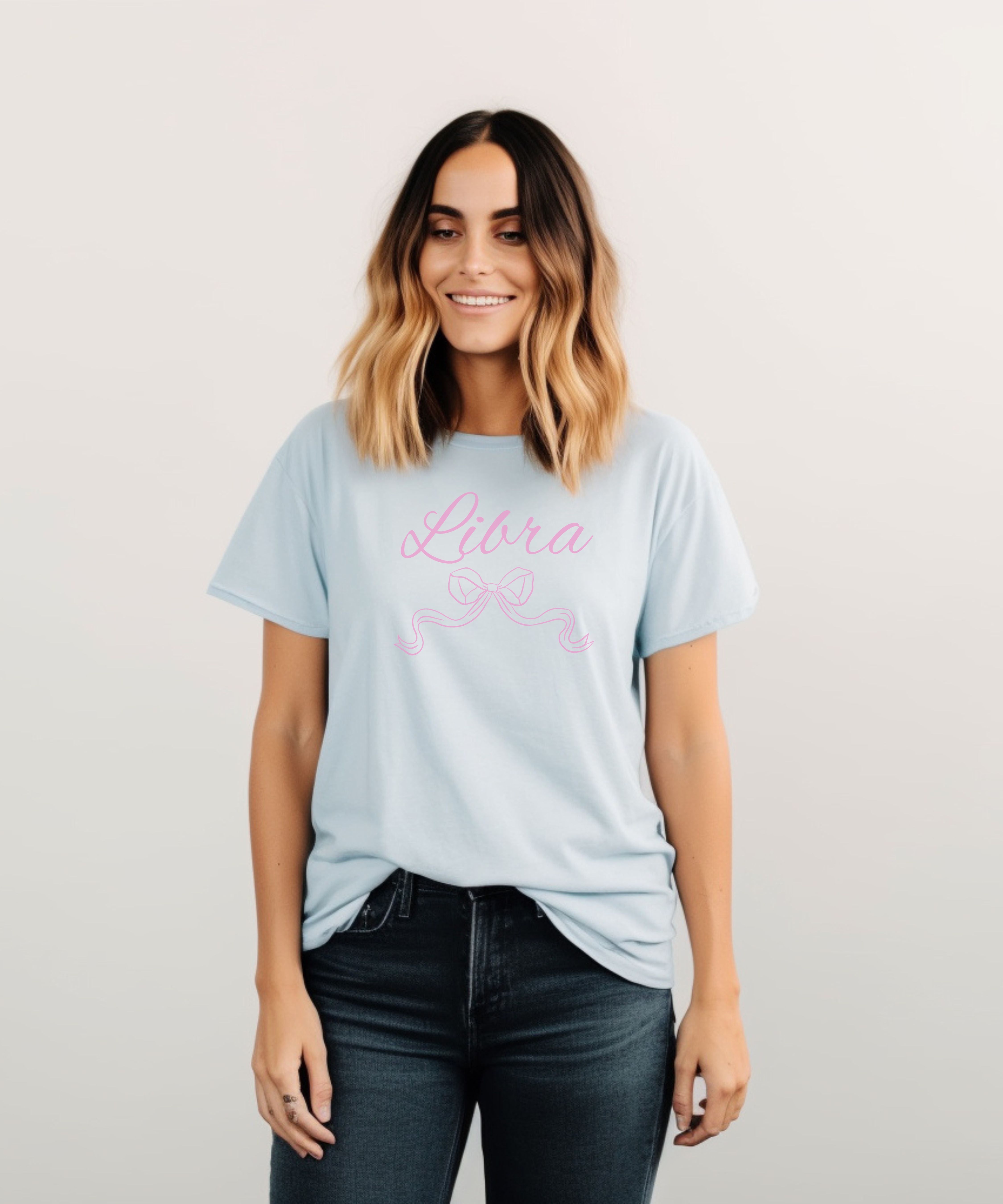 Libra Zodiac T‑Shirt Pink Script Astrology Tee product thumbnail image Libra Zodiac T‑Shirt Pink Script Astrology Tee product thumbnail image