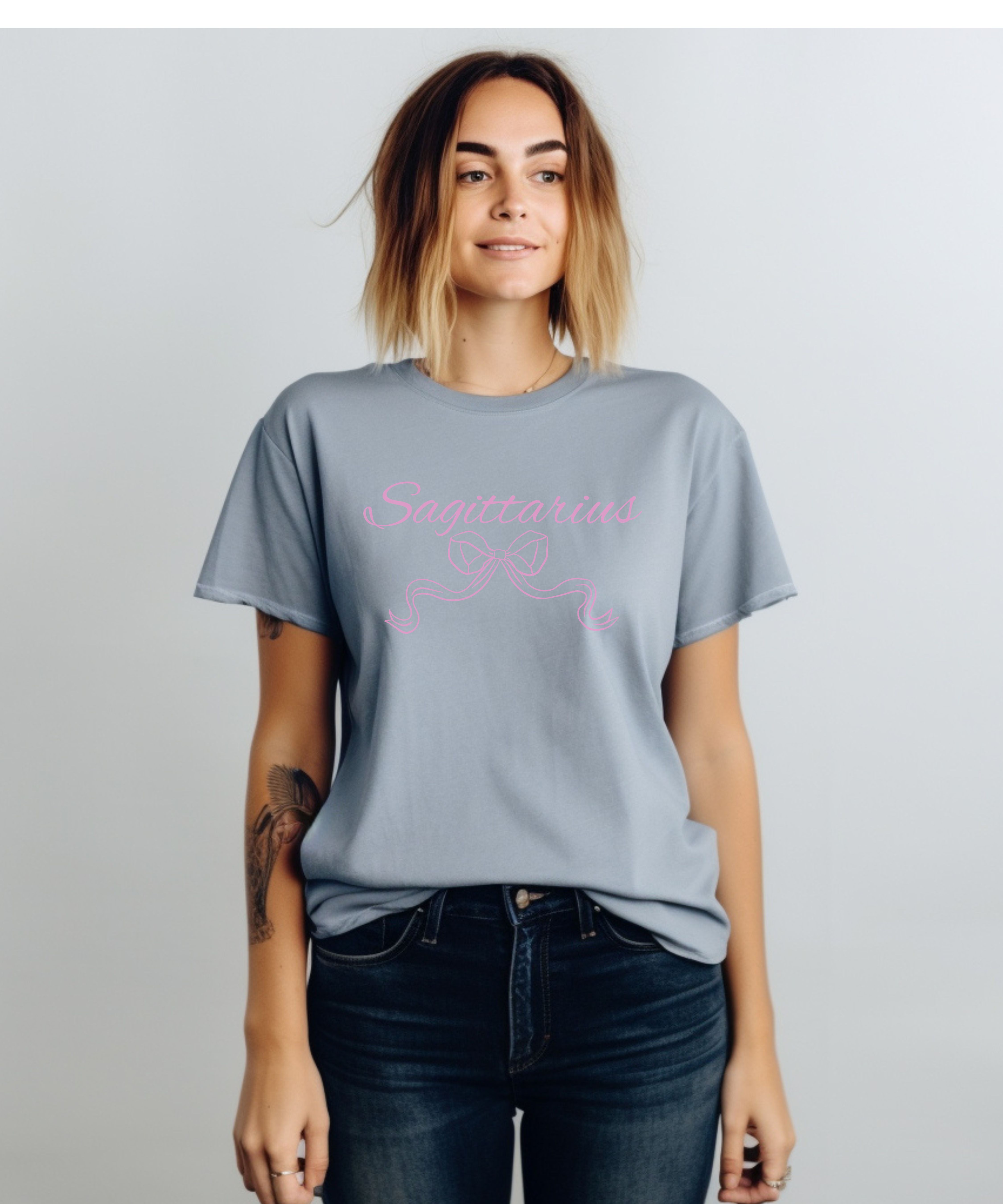 Sagittarius Zodiac T-Shirt Pink Script Archer Graphic Tee product thumbnail image Sagittarius Zodiac T-Shirt Pink Script Archer Graphic Tee product thumbnail image