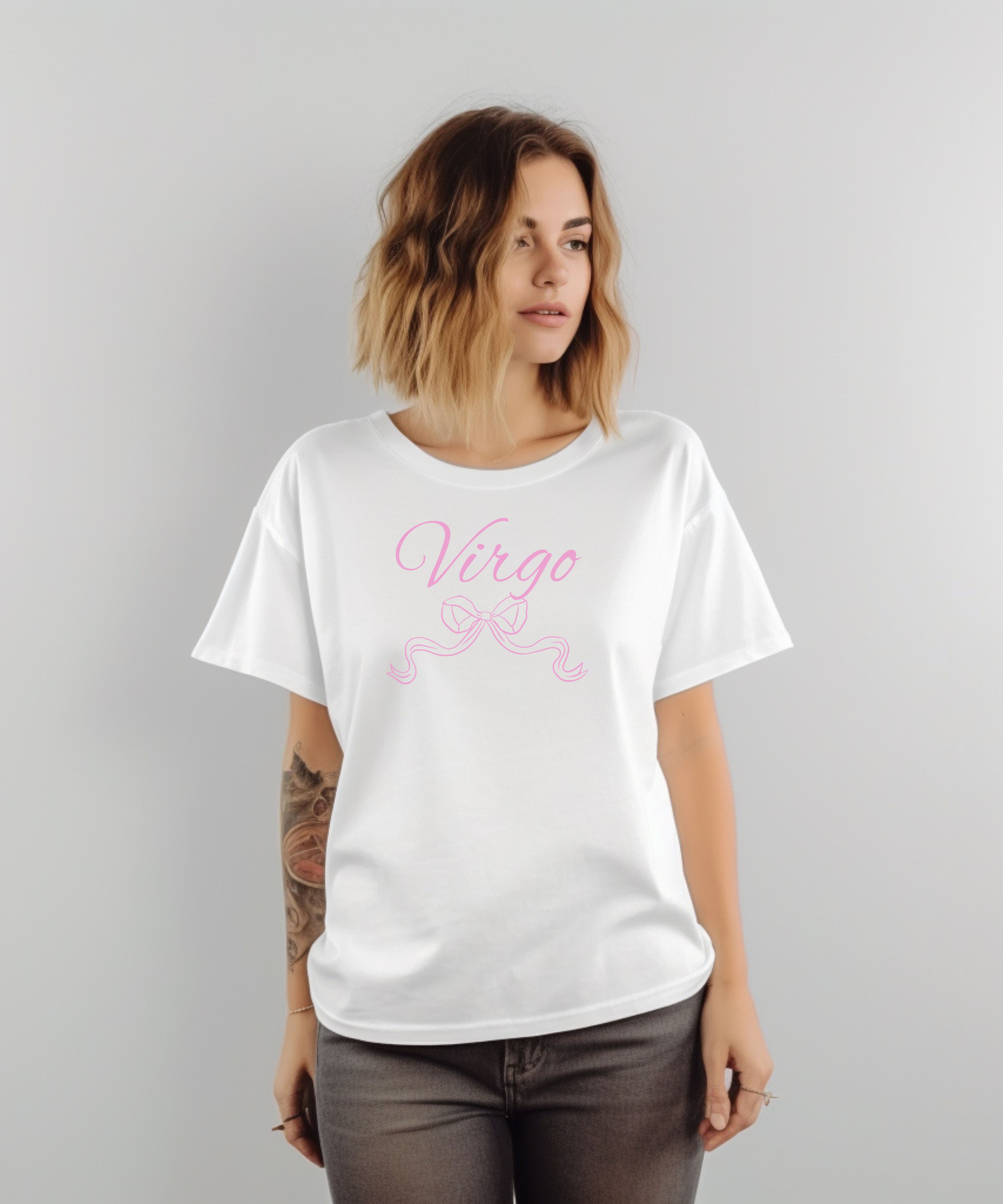 Virgo Zodiac Short Sleeve Pink Script T-Shirt product thumbnail image Virgo Zodiac Short Sleeve Pink Script T-Shirt product thumbnail image