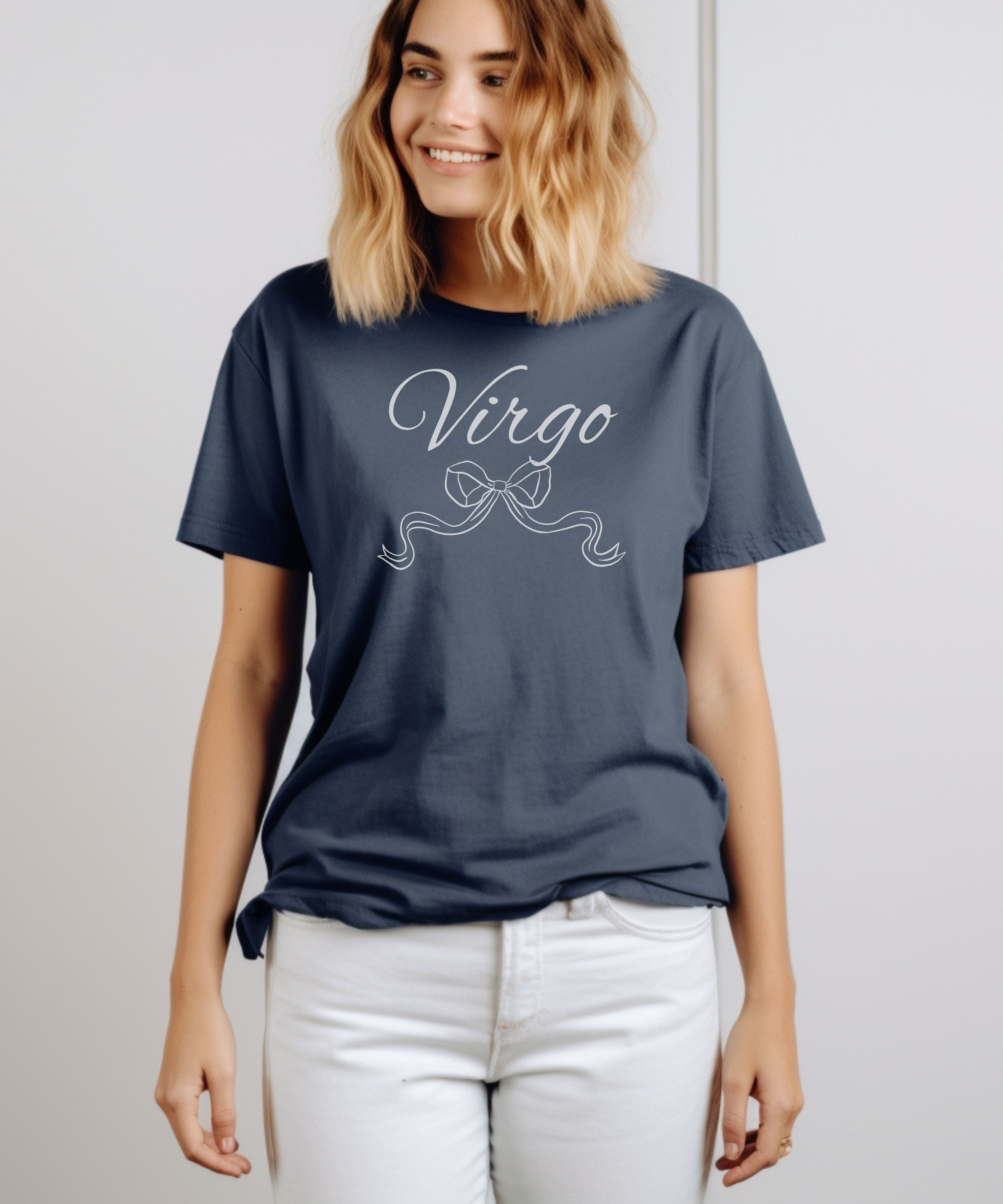 Virgo Script Zodiac Tee Elegant Astrology Shirt with Ribbon Motif product thumbnail image Virgo Script Zodiac Tee Elegant Astrology Shirt with Ribbon Motif product thumbnail image