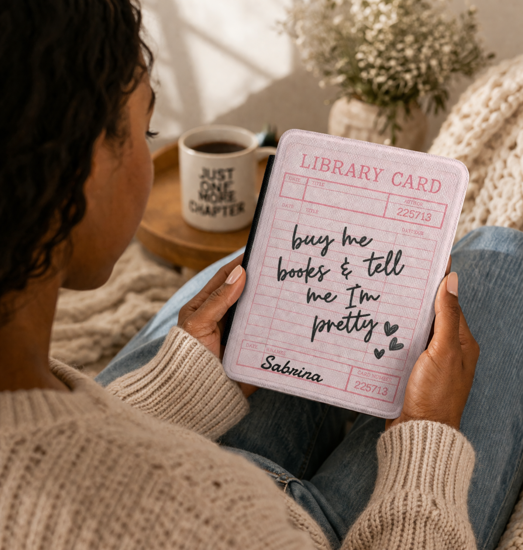 Kindle Case — Pink Library Card Design “Buy Me Books &amp; Tell Me I’m Pretty” product thumbnail image