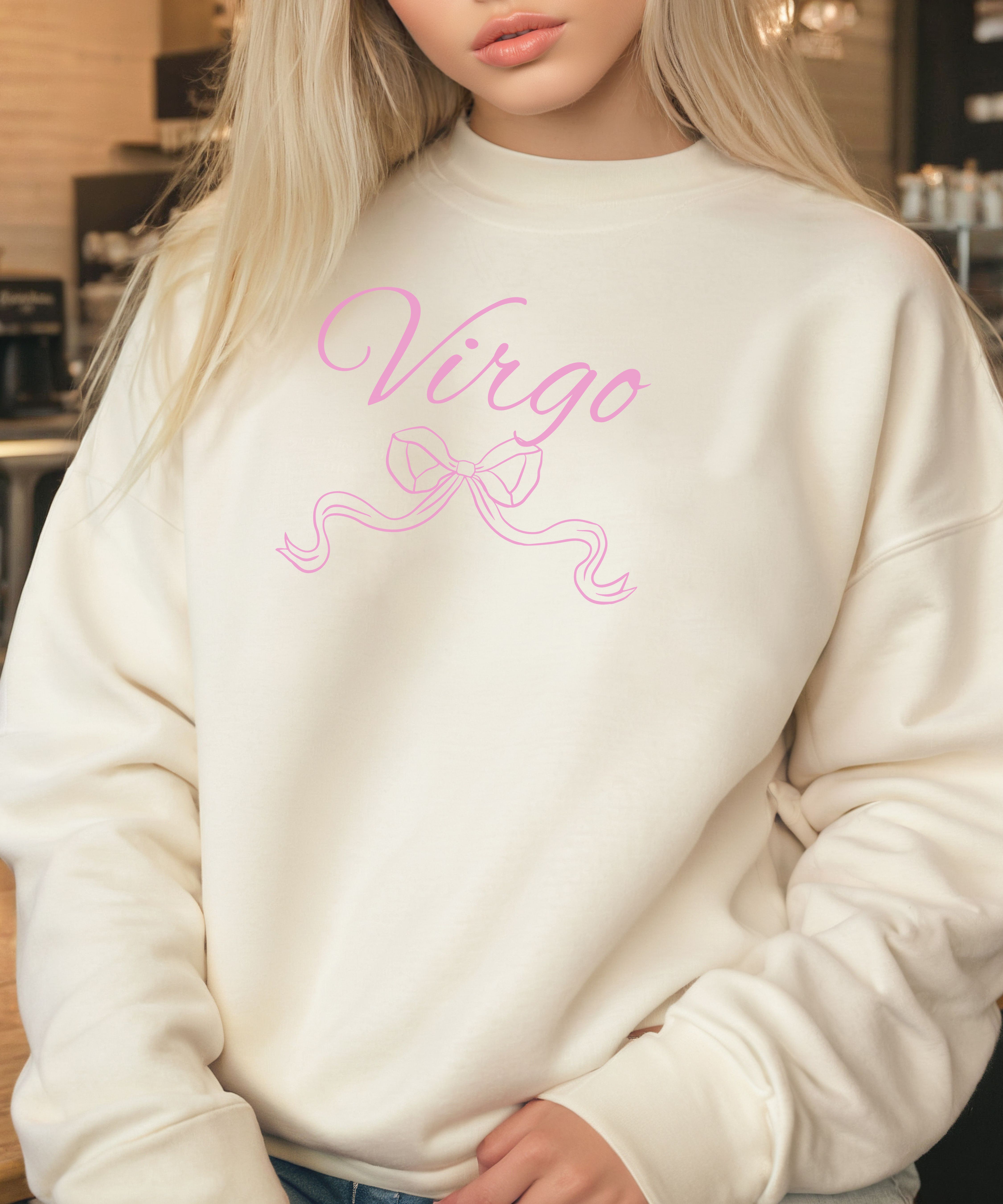 Virgo Zodiac Crewneck Sweatshirt Pink Script Astrological Sweatshirt