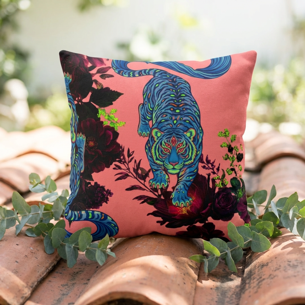 Vibrant Blue Tiger- Coral Floral Faux Suede Throw Pillow