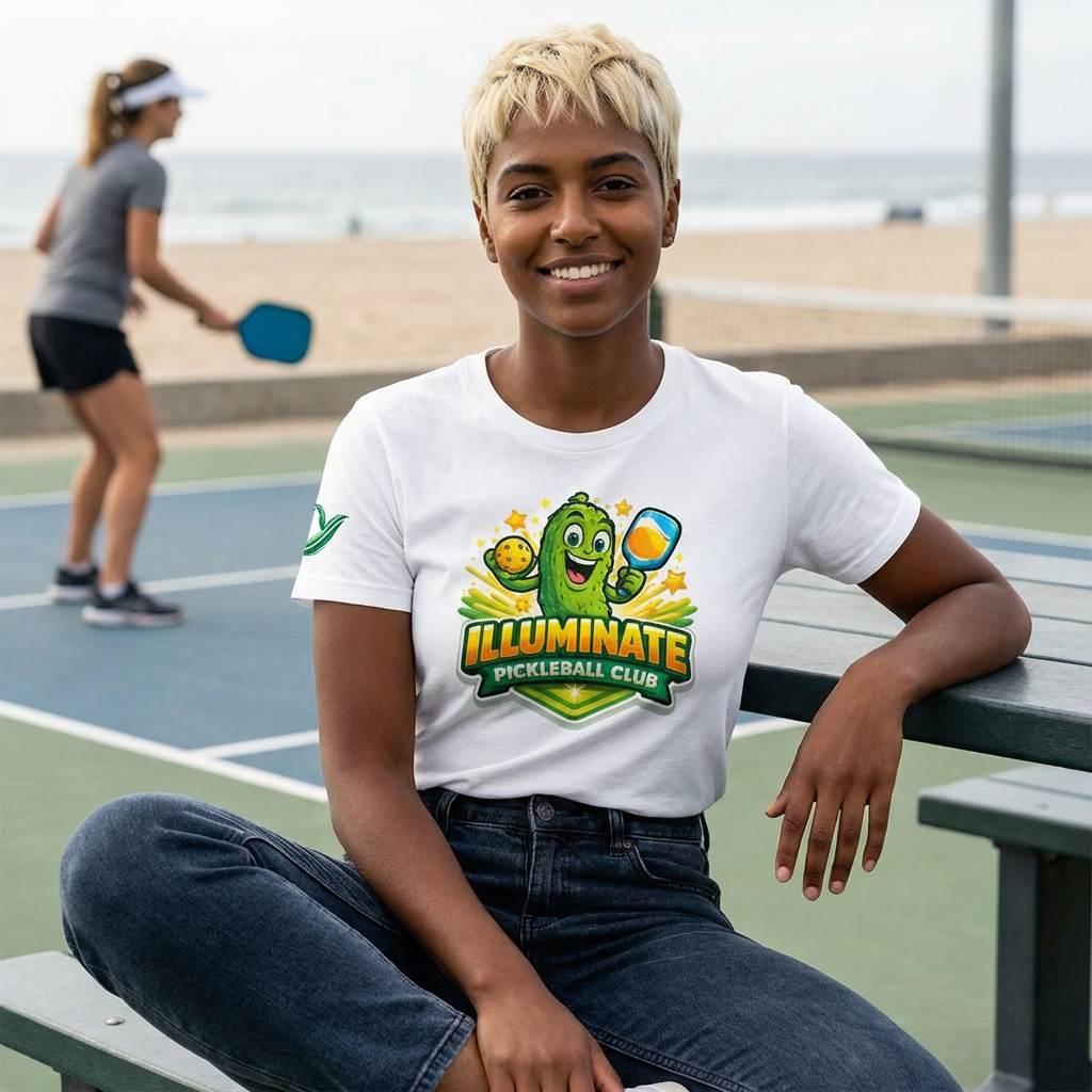 Illuminate Pickleball Club T-Shirt — Fun Pickle Mascot Tee product thumbnail image Illuminate Pickleball Club T-Shirt — Fun Pickle Mascot Tee product thumbnail image