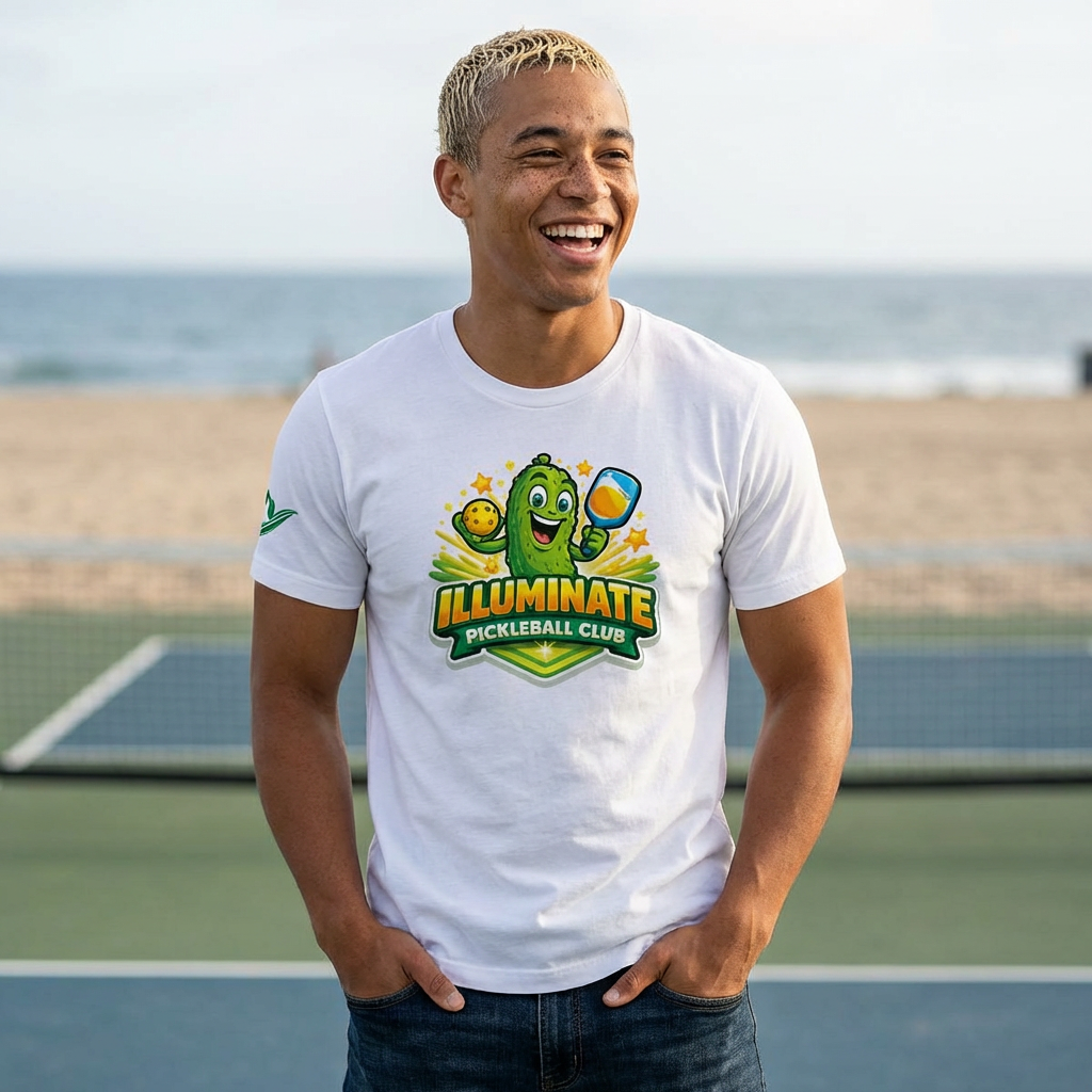 Illuminate Pickleball Club T-Shirt — Fun Pickle Mascot Tee