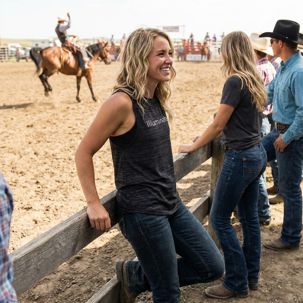 Illuminate Women’s Muscle Tank — Black Flowing Scoop Neck all day Tee