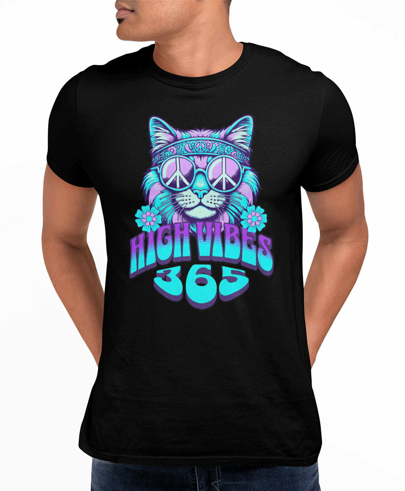 High Vibes 365 Cat T-Shirt — Retro Peace Sign Hippie Tee