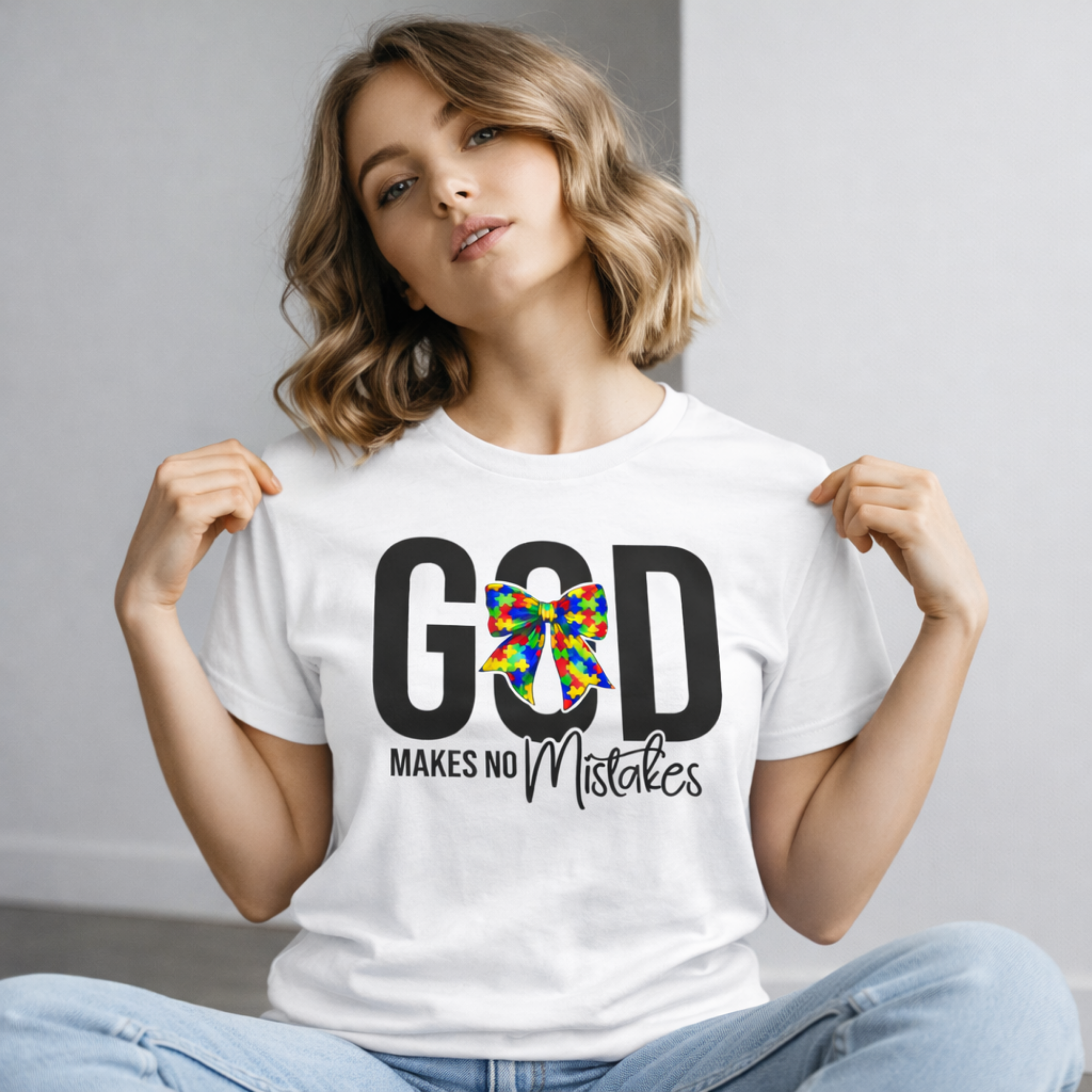 God Makes No Mistakes T-Shirt | Autism Awareness Bow, Faith Tee product thumbnail image