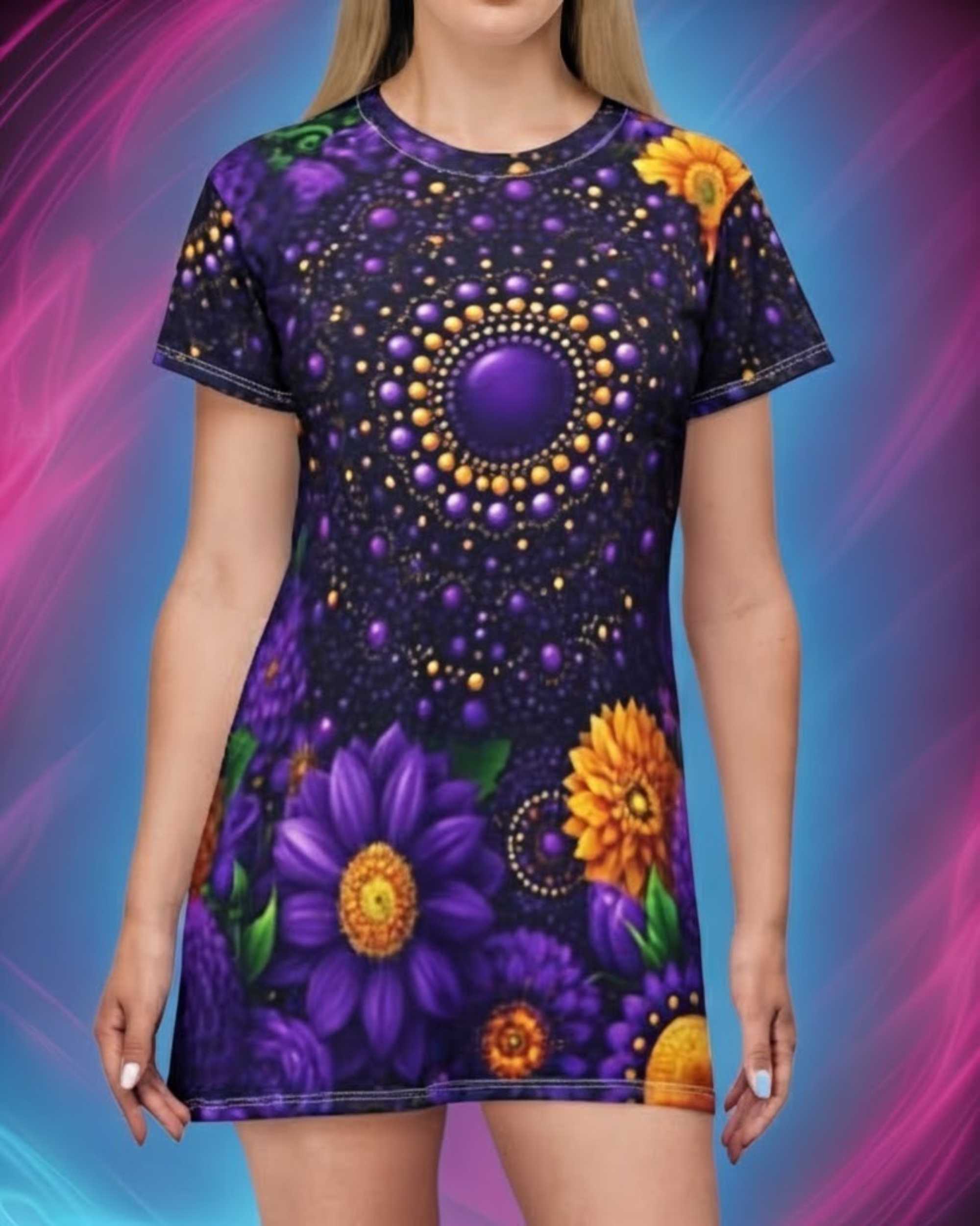 Floral Galaxy T-Shirt Dress — Purple &amp; Gold Boho Flower Print product thumbnail image