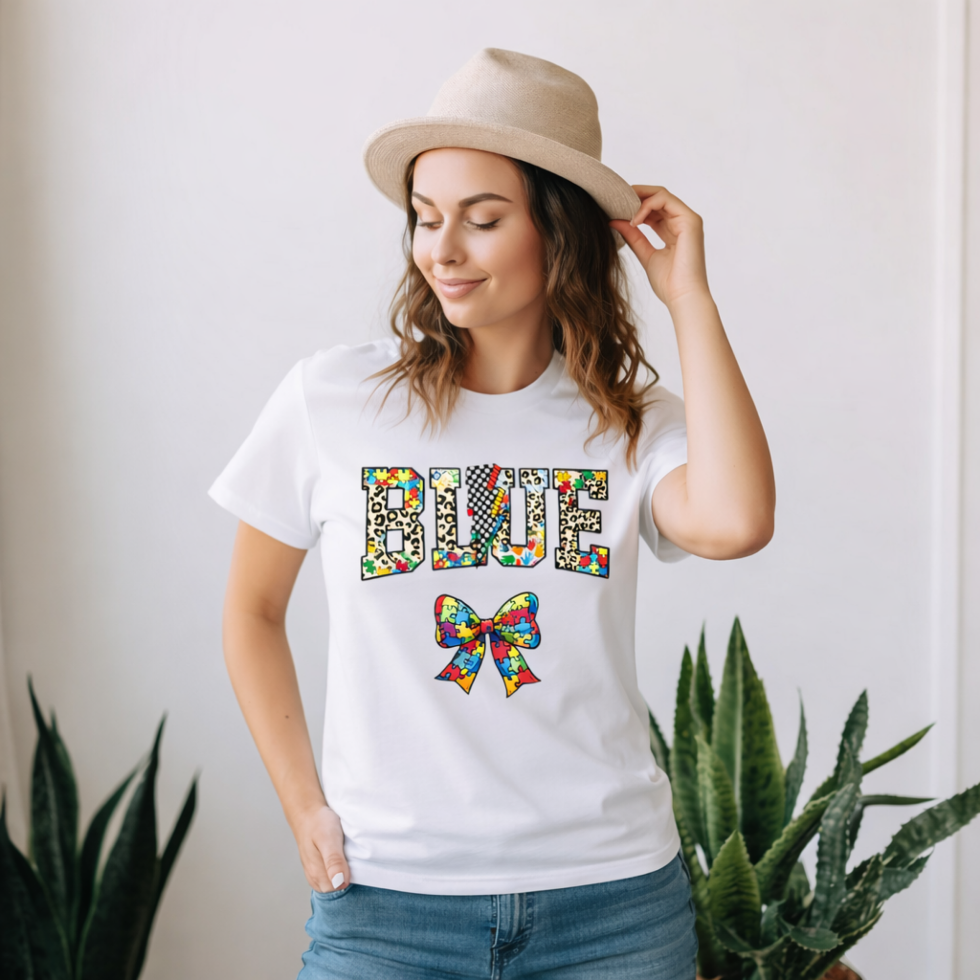Blue Lettering Bow T-Shirt | Colorful Patterned Typography Tee product thumbnail image