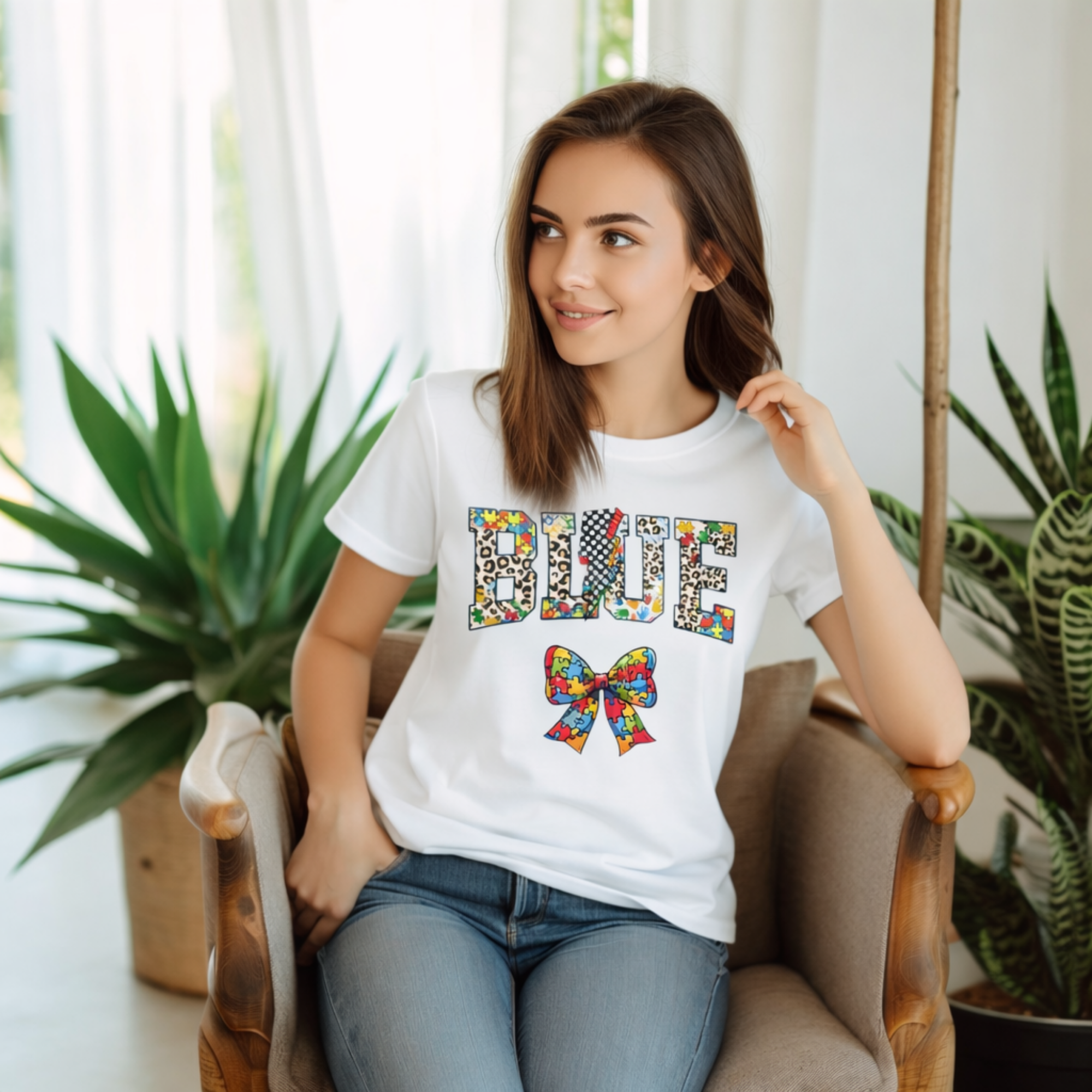 Blue Lettering Bow T-Shirt | Colorful Patterned Typography Tee product thumbnail image