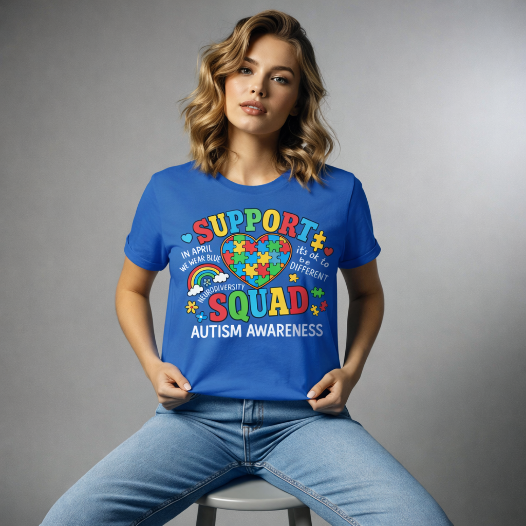 Support Squad Autism Awareness T-Shirt | Puzzle Heart, Rainbow Letters product thumbnail image