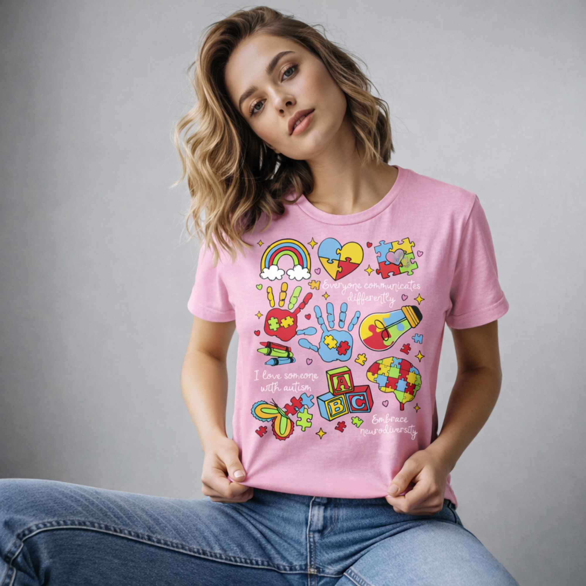 Autism Puzzle Heart Rainbow hands tee | T-Shirt product thumbnail image