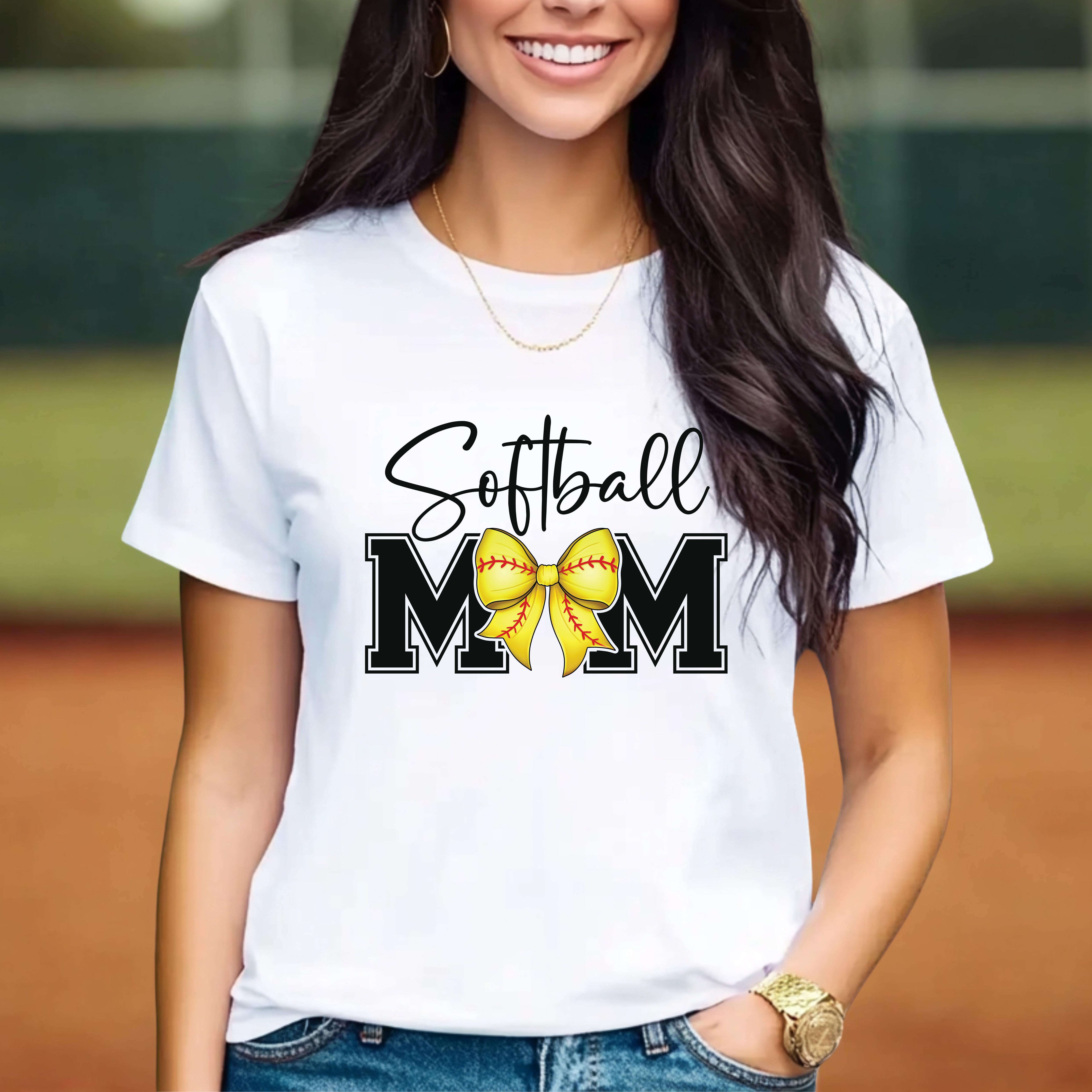 Softball Mom T-Shirt – Yellow Softball Bow Graphic Tee