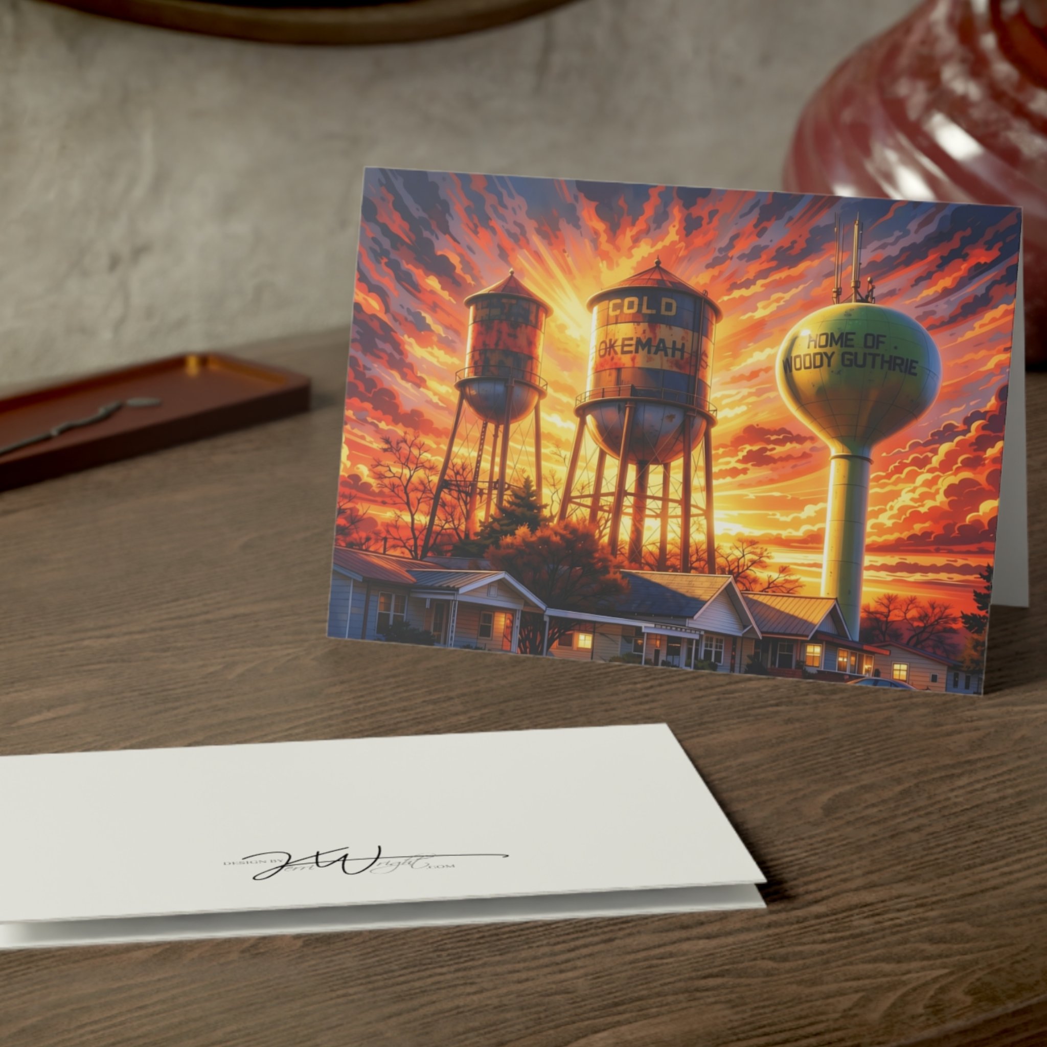Okemah, Oklahoma Greeting Card - Water Towers Sunset Illustration (Pack of 1, 10, 30, 50) product thumbnail image Okemah, Oklahoma Greeting Card - Water Towers Sunset Illustration (Pack of 1, 10, 30, 50) product thumbnail image