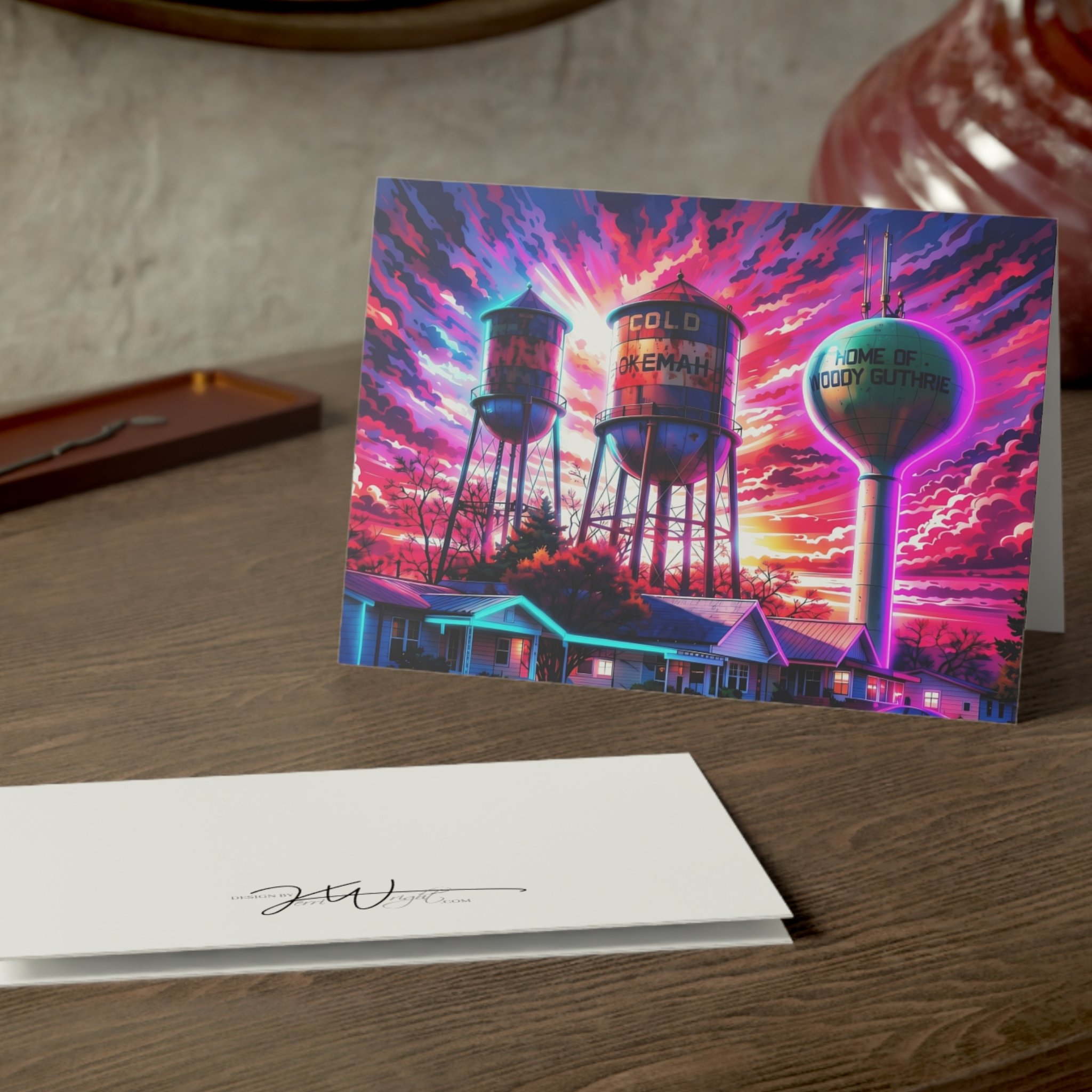 Okemah, Oklahoma Greeting Card - Neon Water Towers Sunset Illustration (Pack of 1, 10, 30, 50) product thumbnail image Okemah, Oklahoma Greeting Card - Neon Water Towers Sunset Illustration (Pack of 1, 10, 30, 50) product thumbnail image
