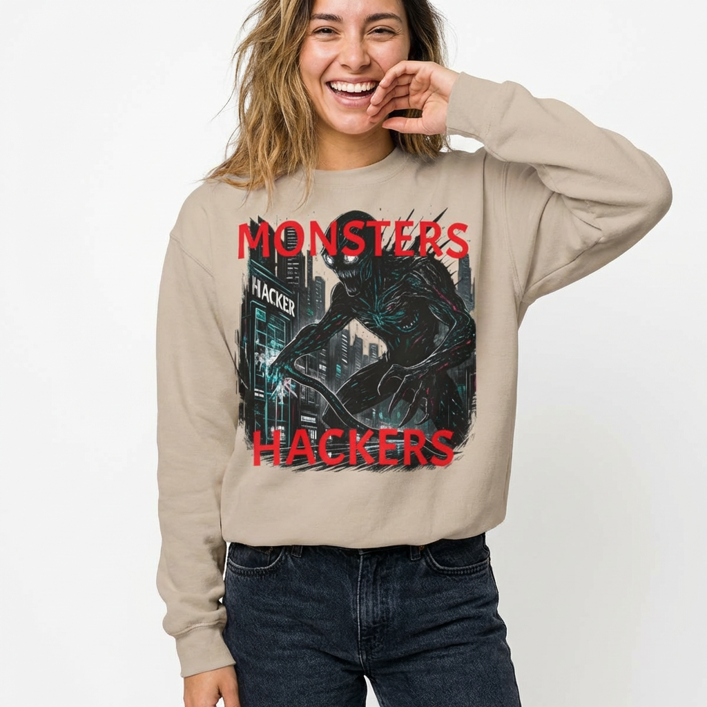 Monsters &amp; Hackers Crewneck Sweatshirt — Cyberpunk Monster Graphic Pullover