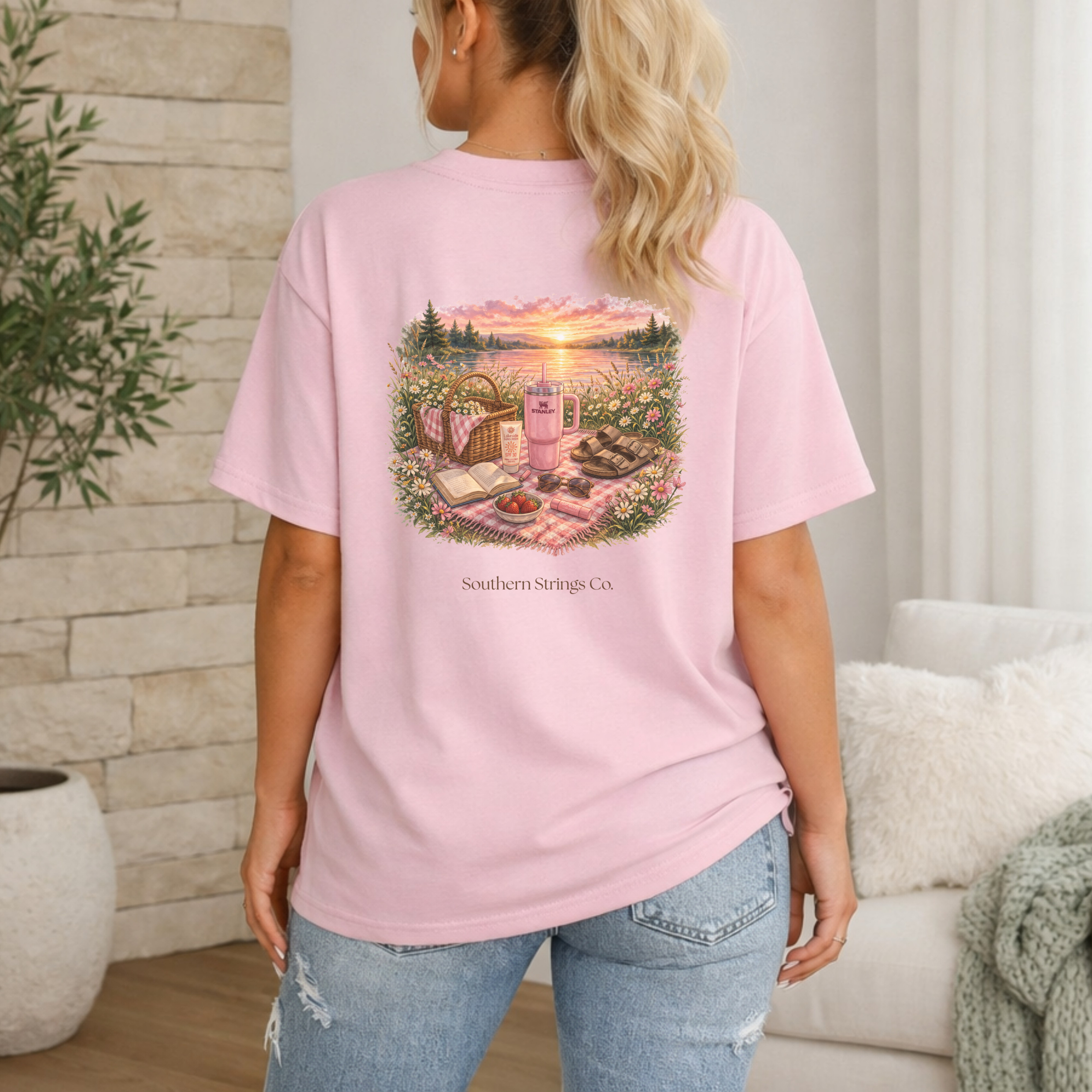 Southern Strings Lakeside Picnic T-Shirt — "Southern Strings Co." Sunset Design