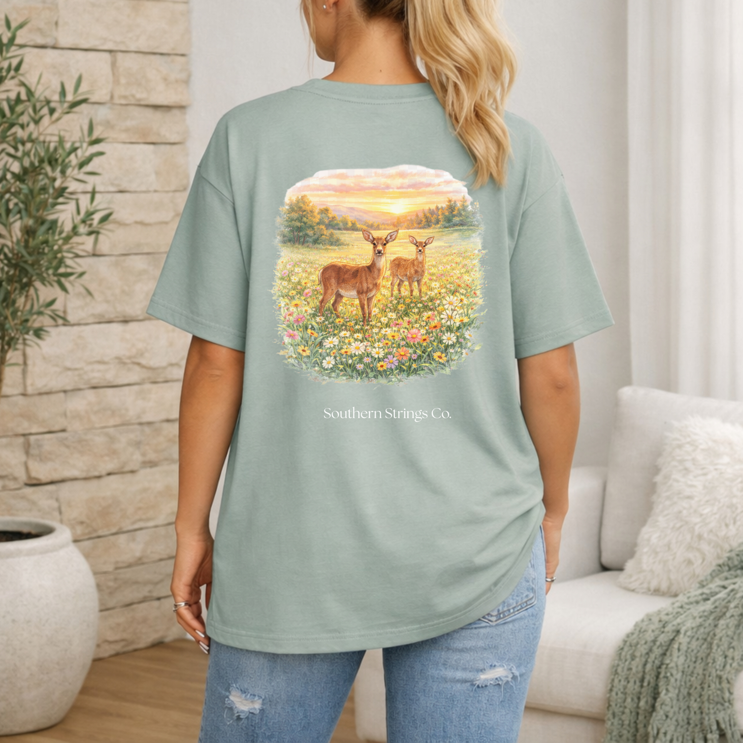 Southern Strings Deer Graphic T-Shirt — “Southern Strings” Sunrise Nature Tee