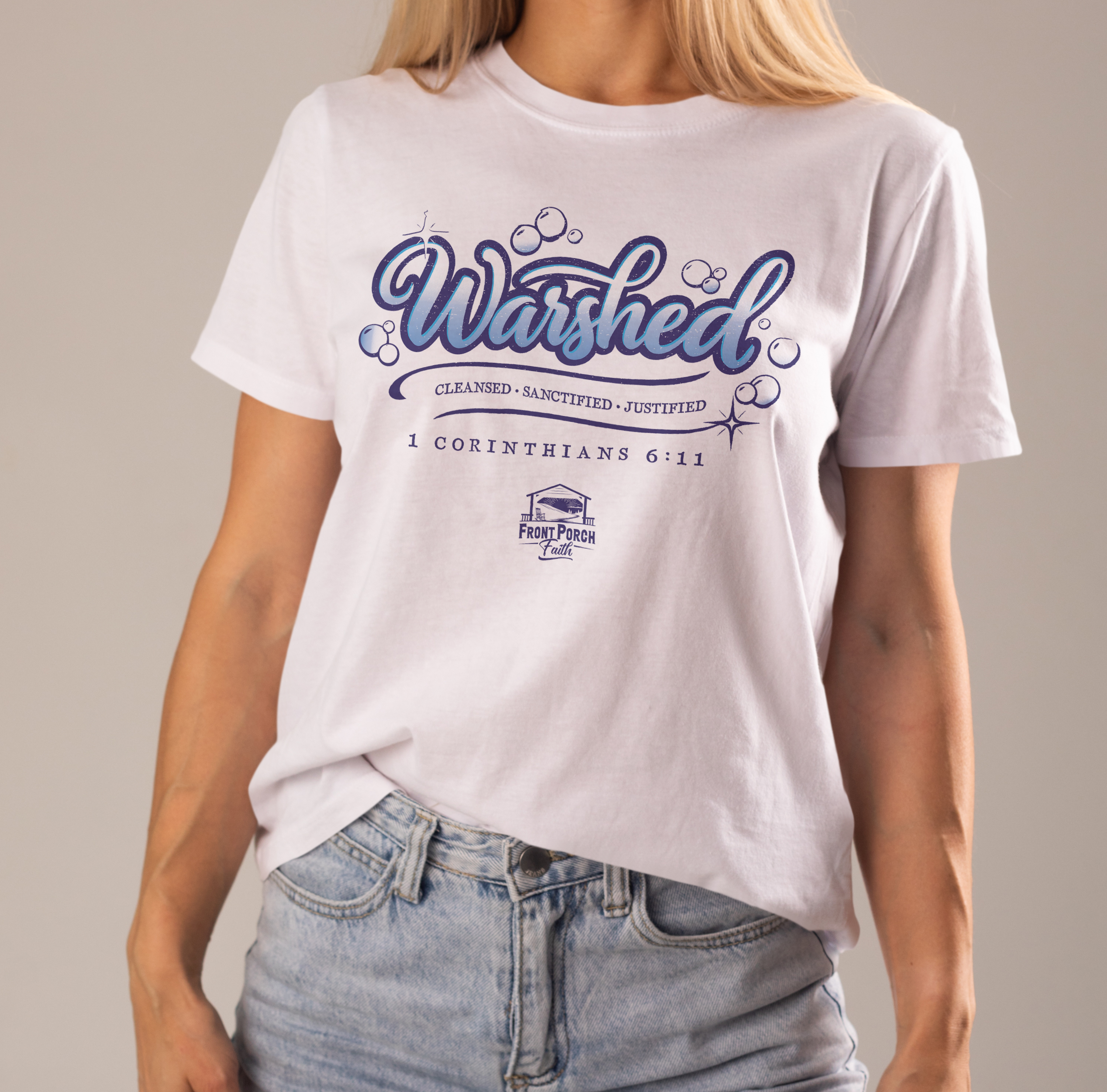 Warshed | 1 Corinthians 6:11 | Women's Tee | Front Porch Faith Apparel Co.