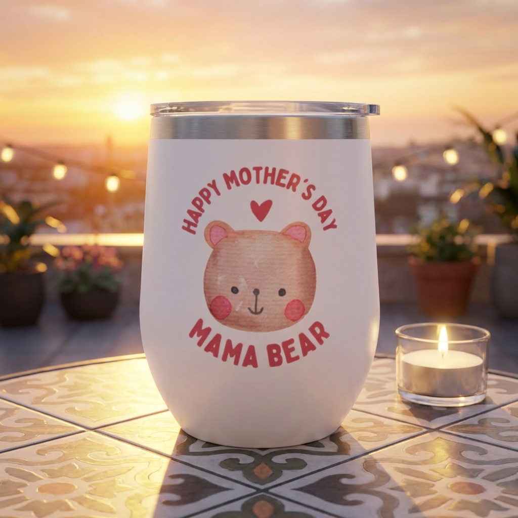 Chill Wine Tumbler, Mama Bear Illustration, Happy Mother's Day Theme, Gift for Mom, Cute and Cuddly Design