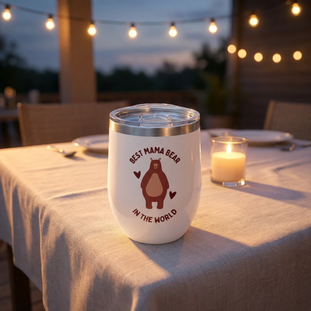 Chill Wine Tumbler, Mother's Day Gift, Best Mama Bear Illustration, Insulated Travel Cup, Stainless Steel, 12oz product thumbnail image