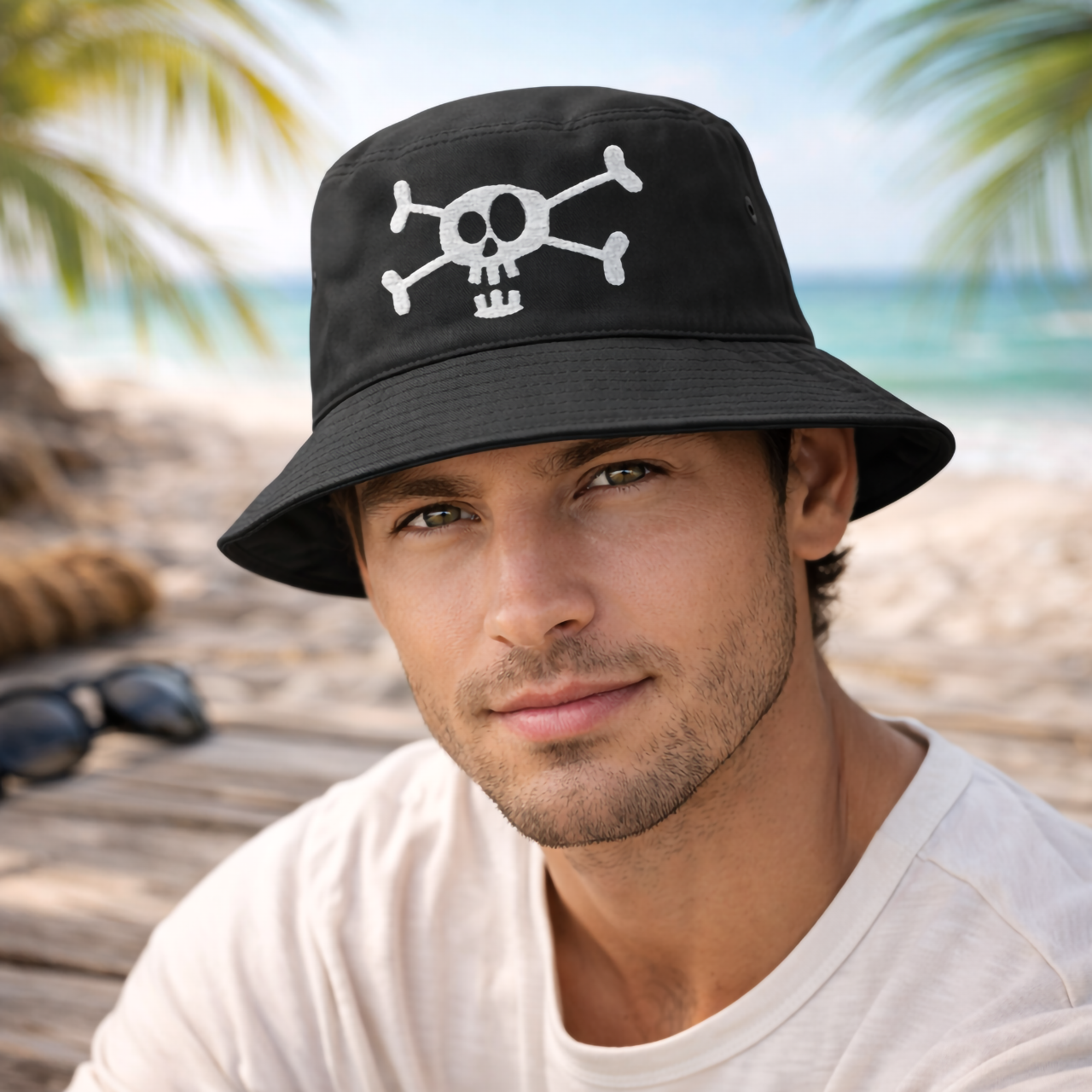 Embroidered Skull &amp; Crossbones Bucket Hat — Pirate Punk Streetwear product thumbnail image