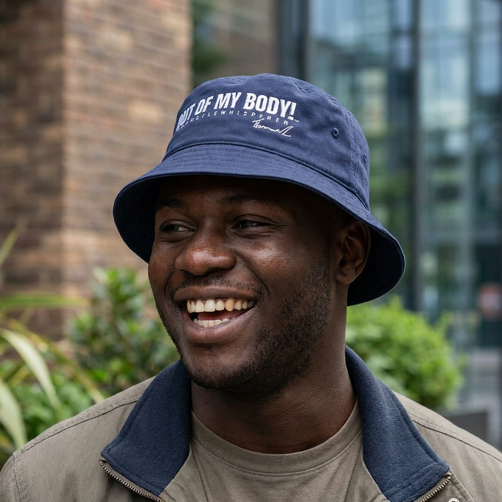 Embroidered "OUT OF MY BODY" Bucket Hat — Graphic Statement Sun Hat