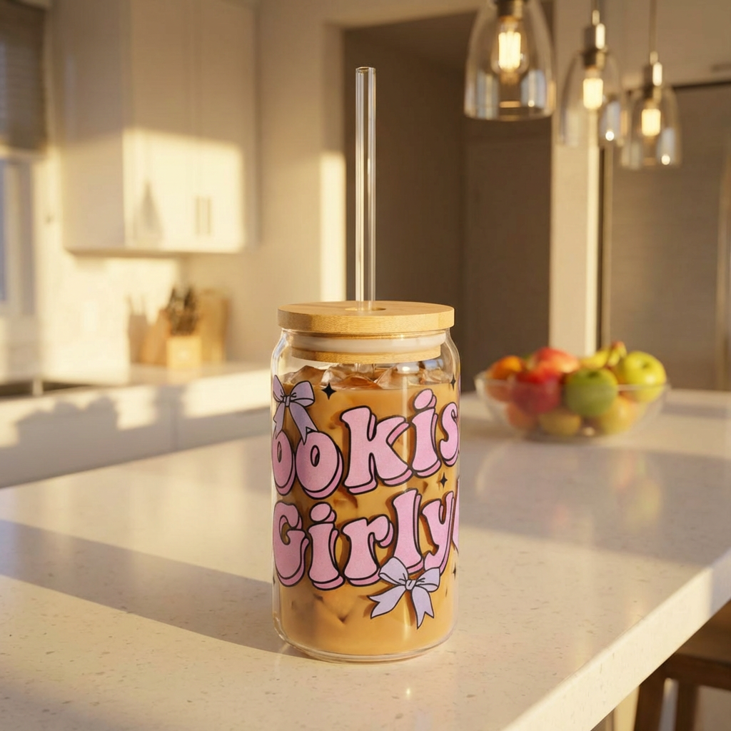 Bookish Girly Sipper Glass | Cute Aesthetic Glass Cup with Straw 16oz product thumbnail image